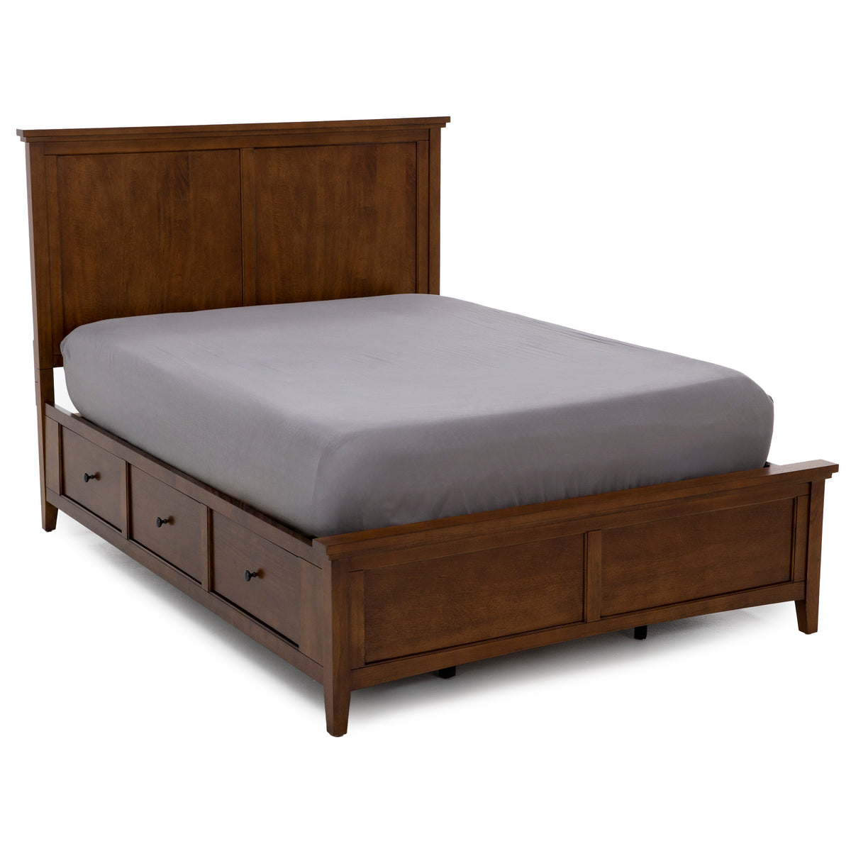 Wooden bed frame with storage drawers and a gray mattress.