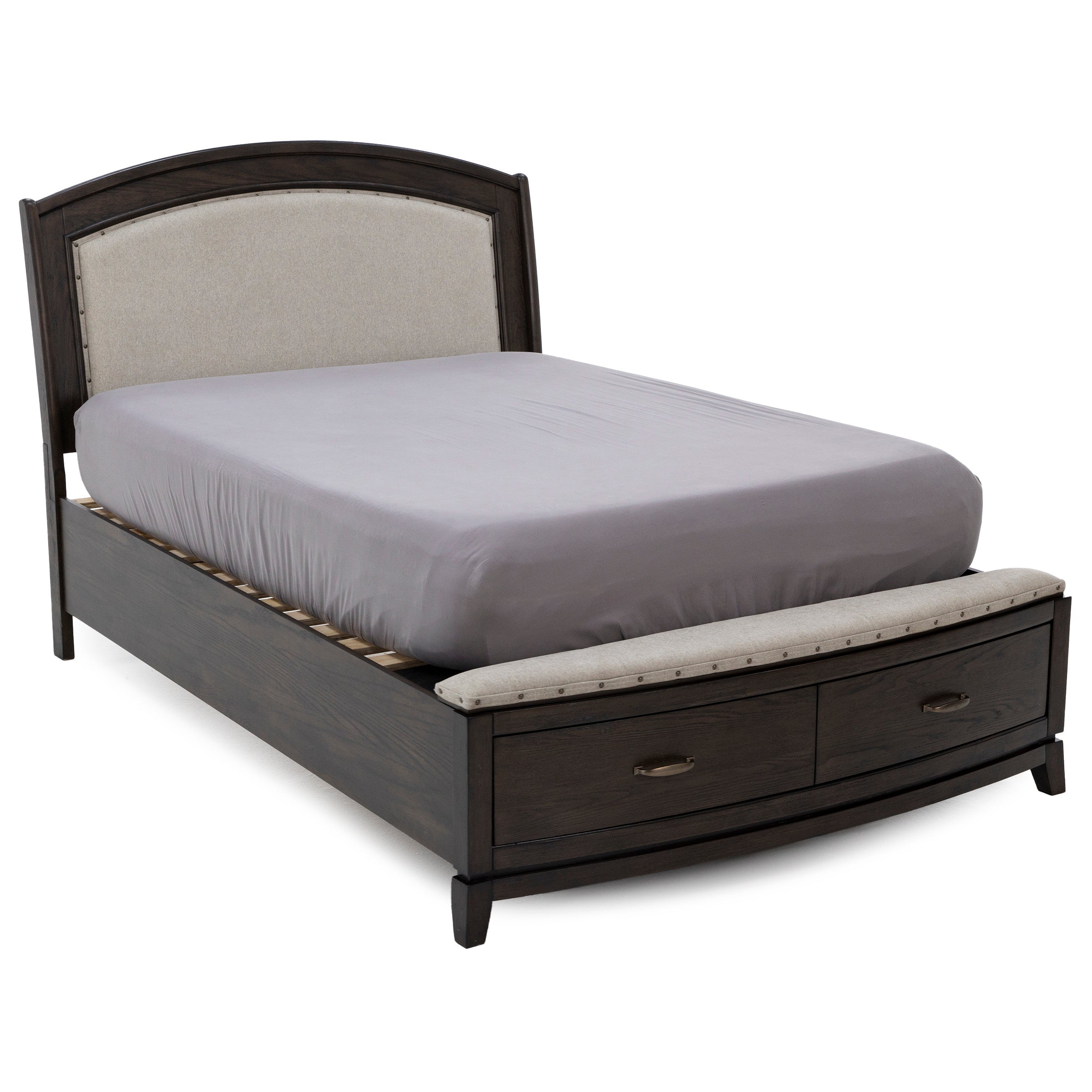 Dark wood bed with upholstered headboard, bench, and storage drawers at the foot.