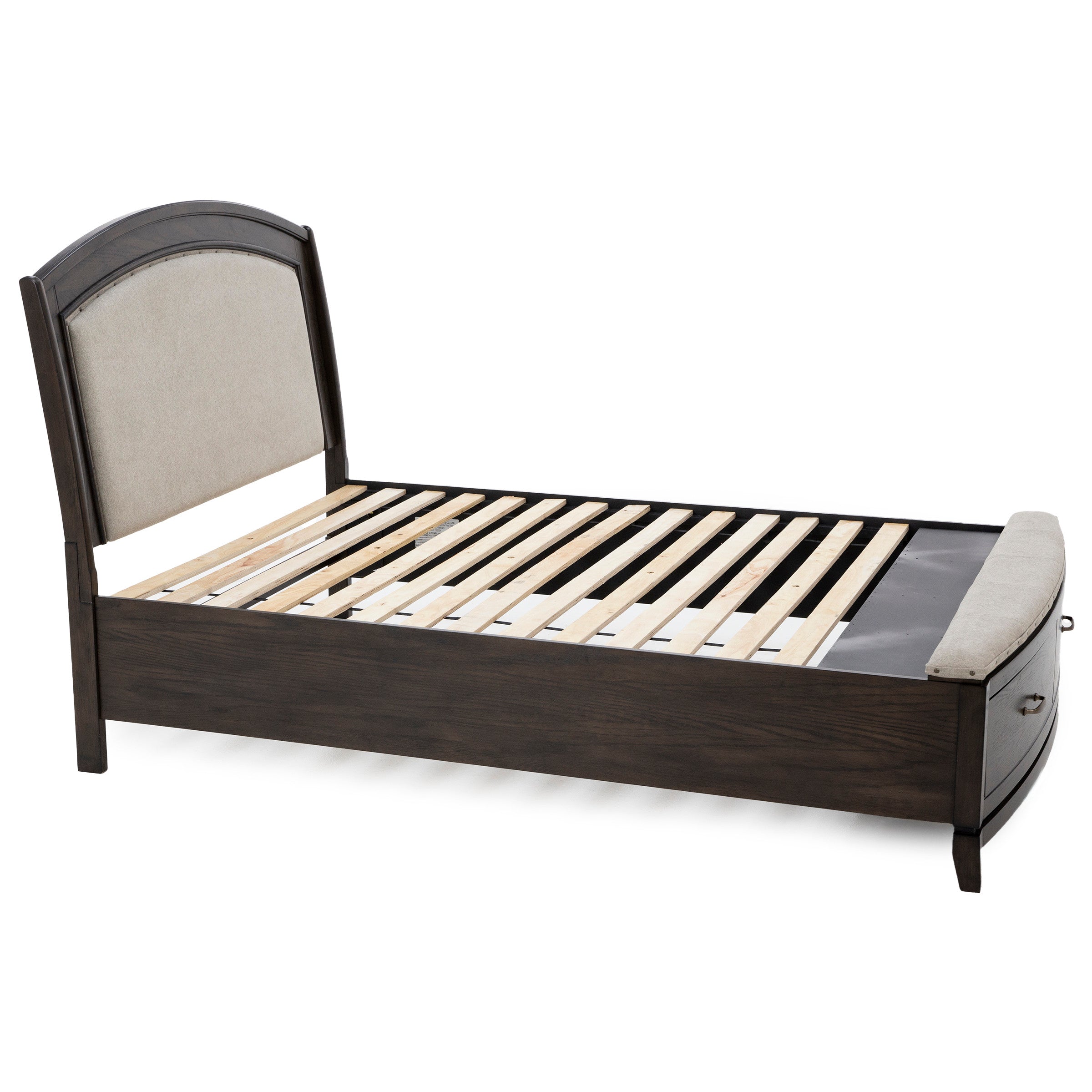 Wooden twin bed frame with slatted base, upholstered headboard, and storage drawer.