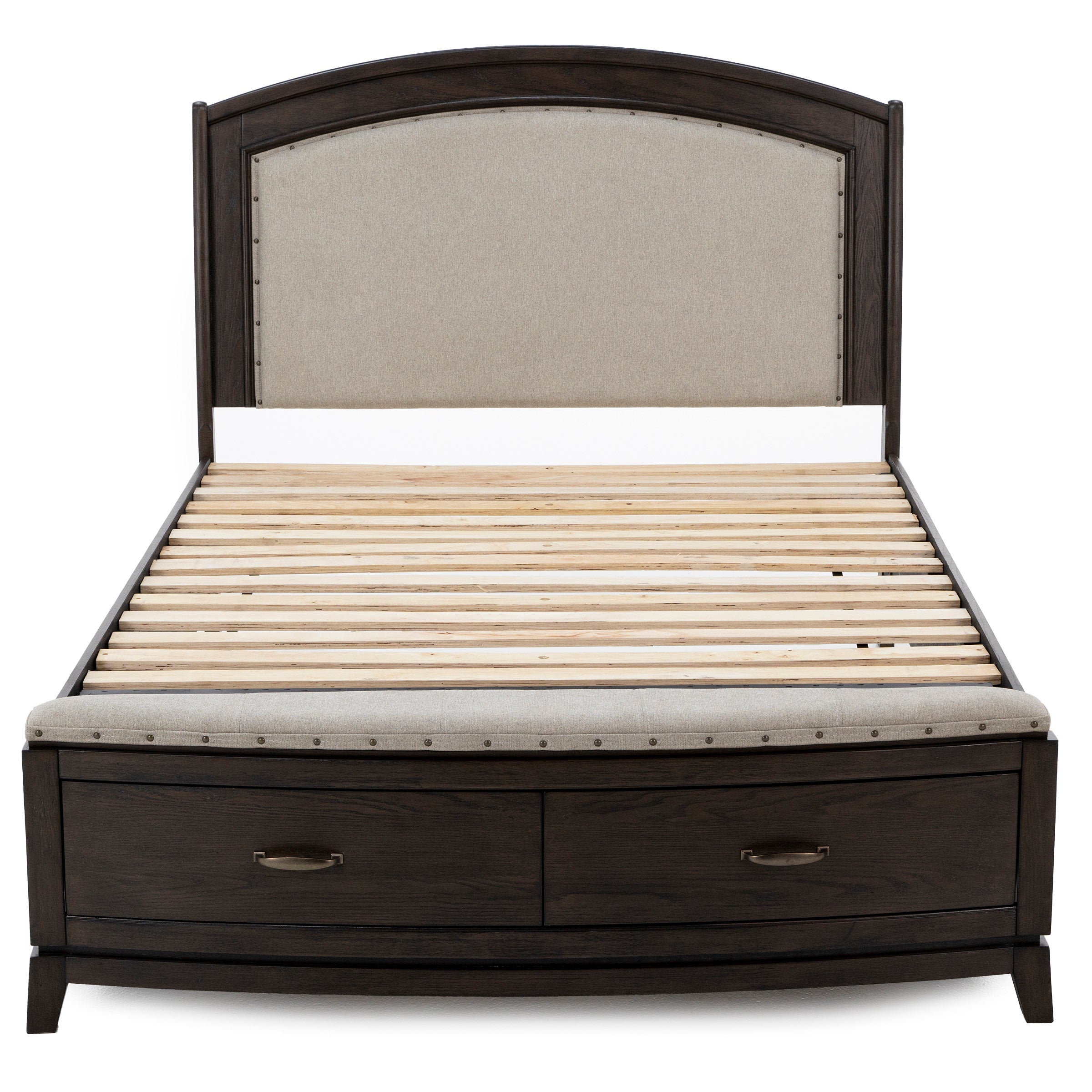 Wooden bed frame with upholstered headboard and two storage drawers at the foot.