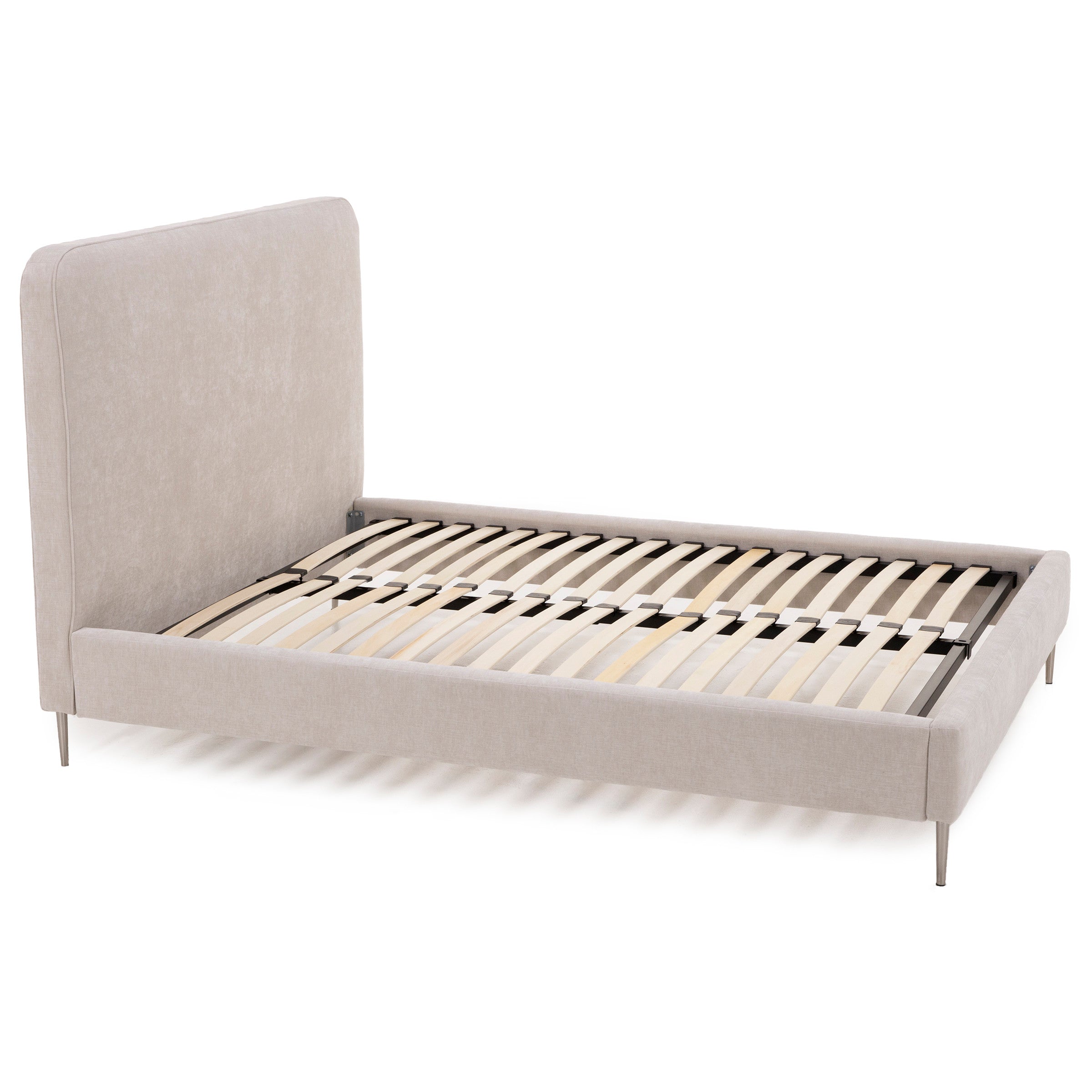 Light beige upholstered bed frame with slatted base and high headboard, shown without a mattress.
