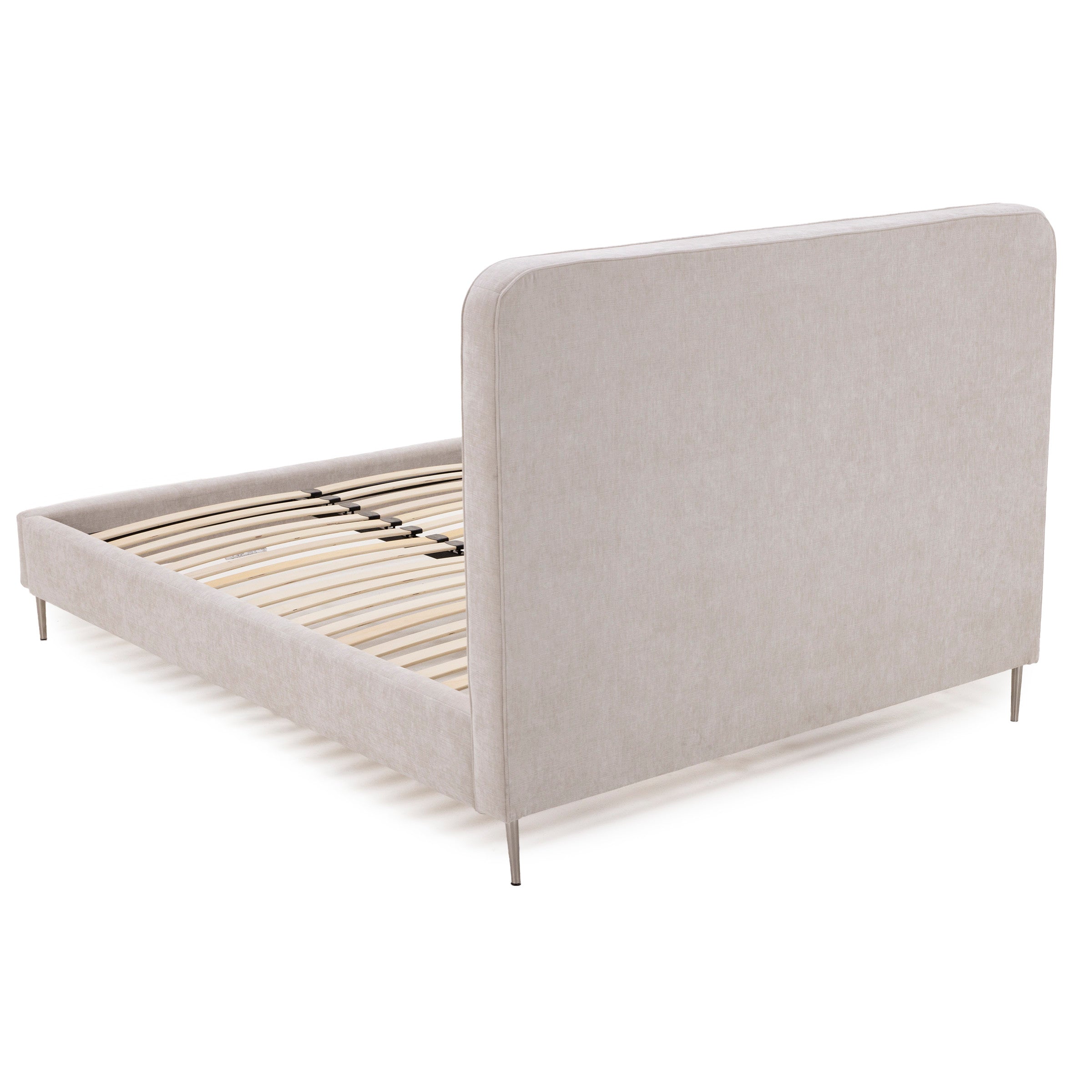 Upholstered bed frame with tall headboard and wooden slats, shown without a mattress.