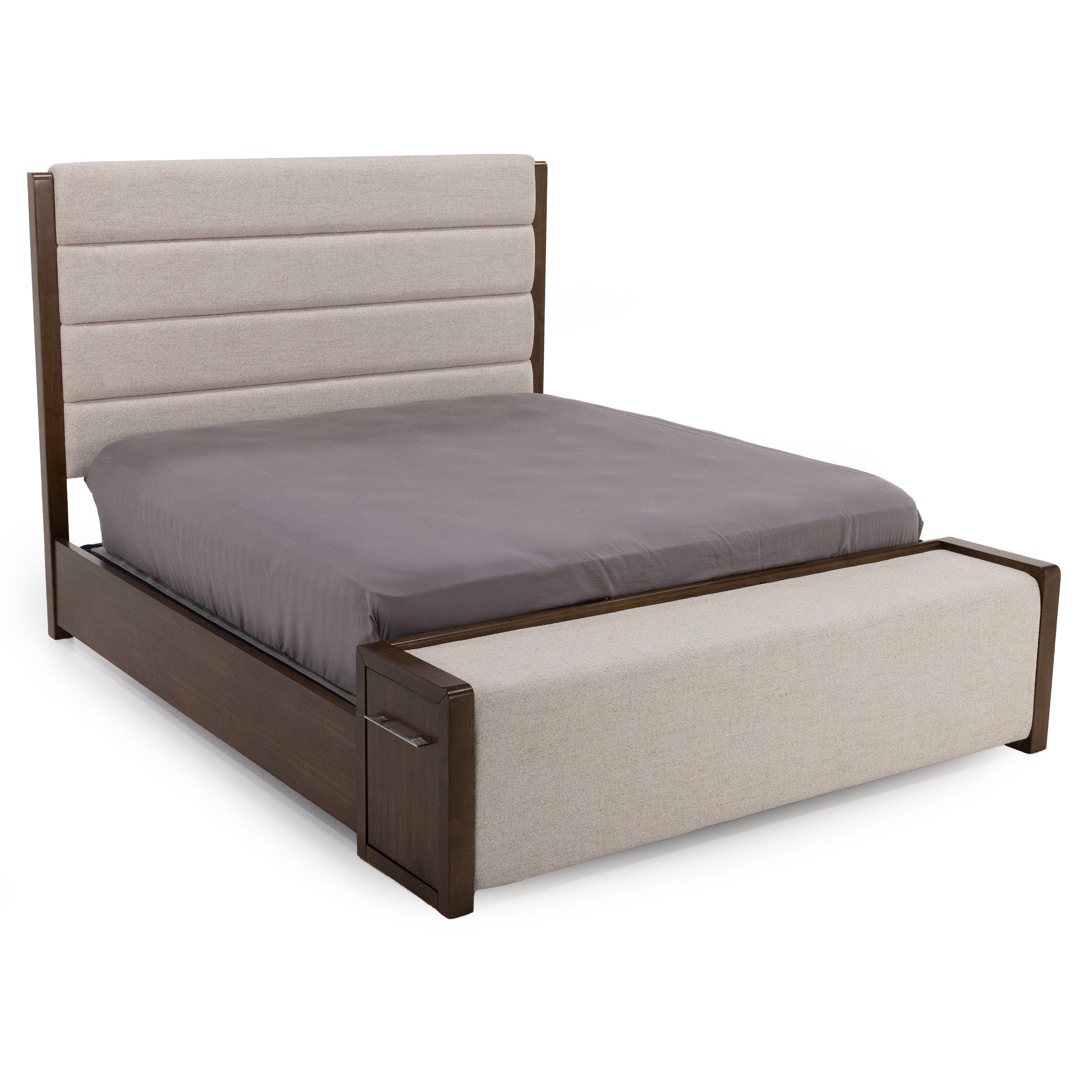 Wood frame bed with padded fabric headboard and bench, shown with gray bedding.
