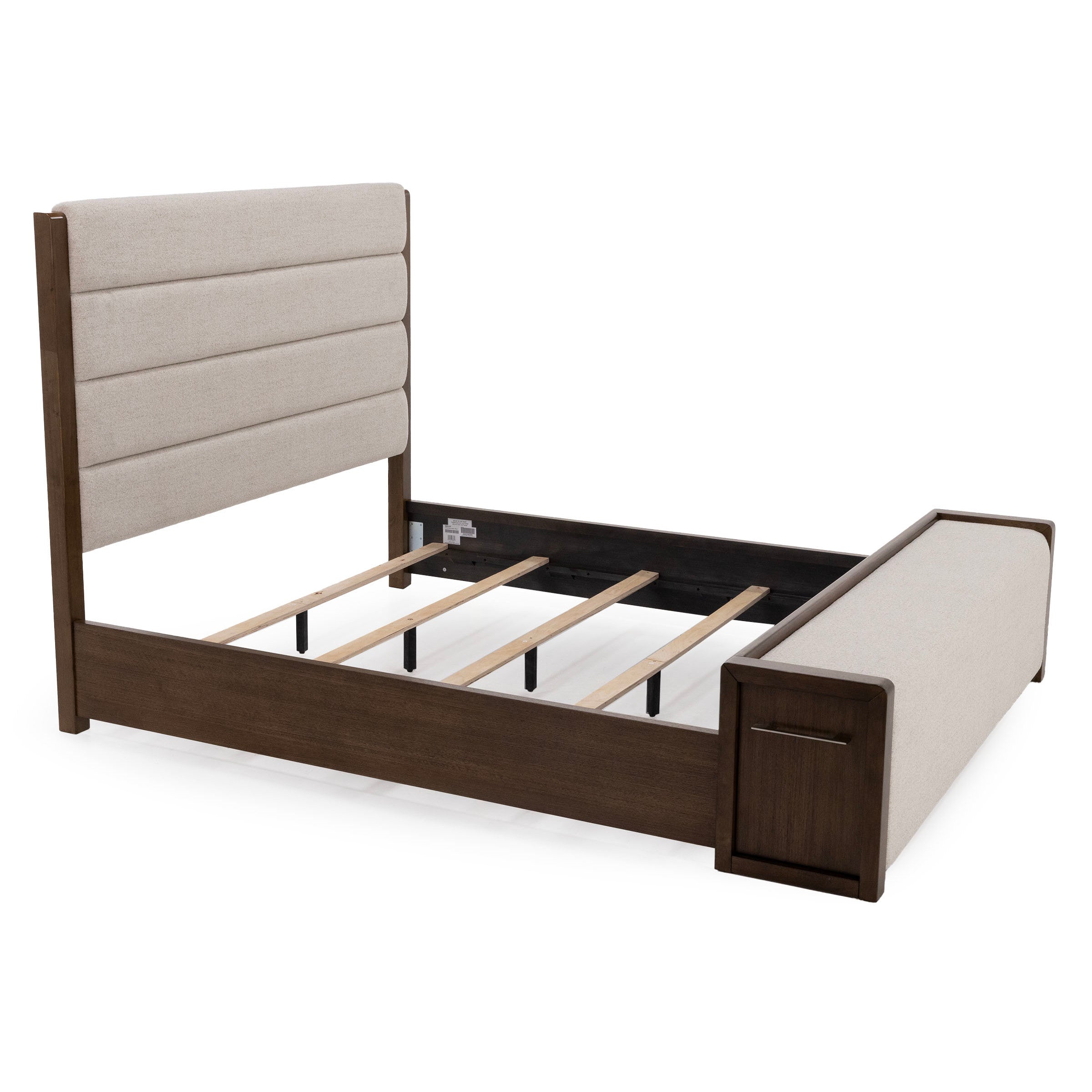 Modern bed frame with wood finish and upholstered headboard and footboard.