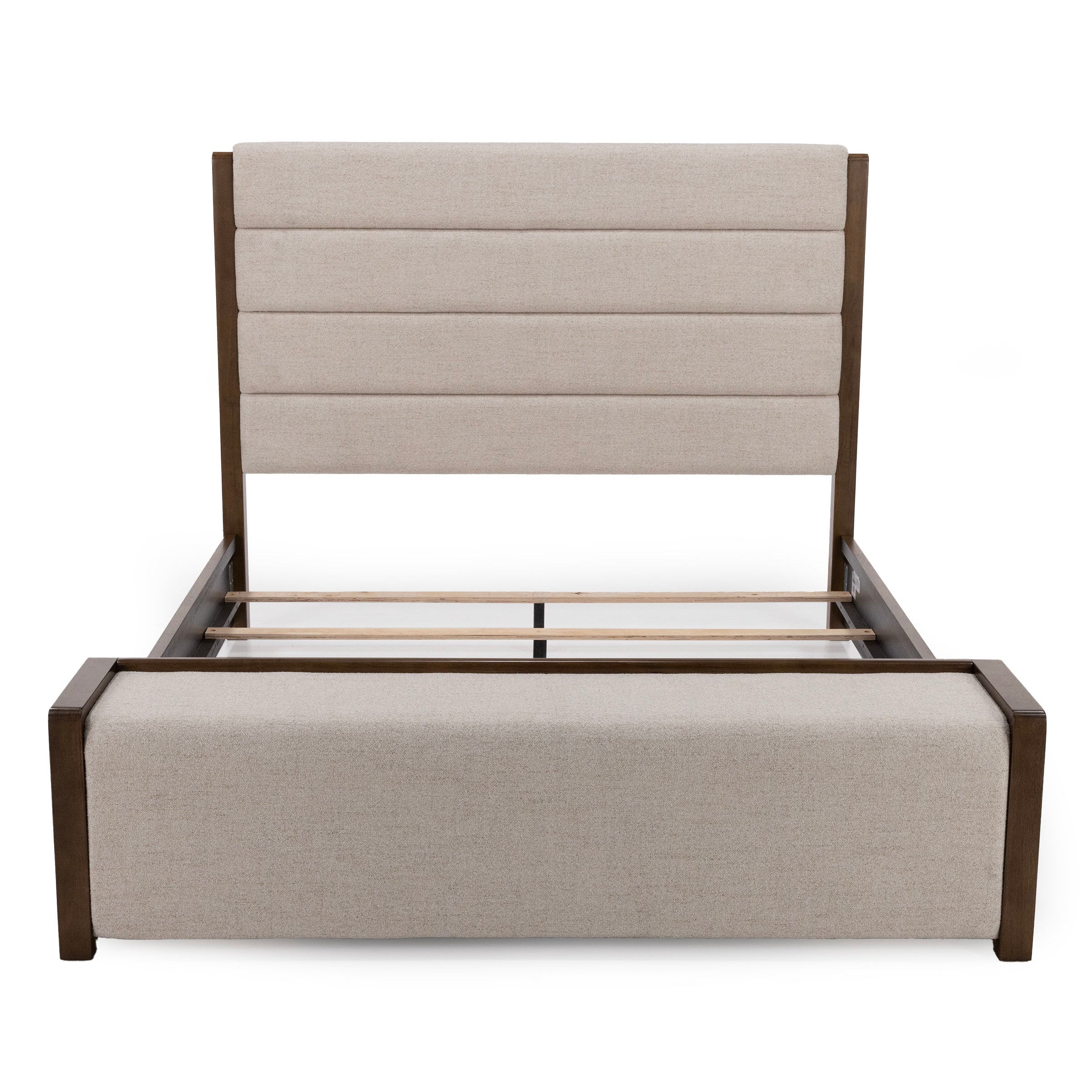 Upholstered bed frame with padded headboard and wood trim, shown from the front.