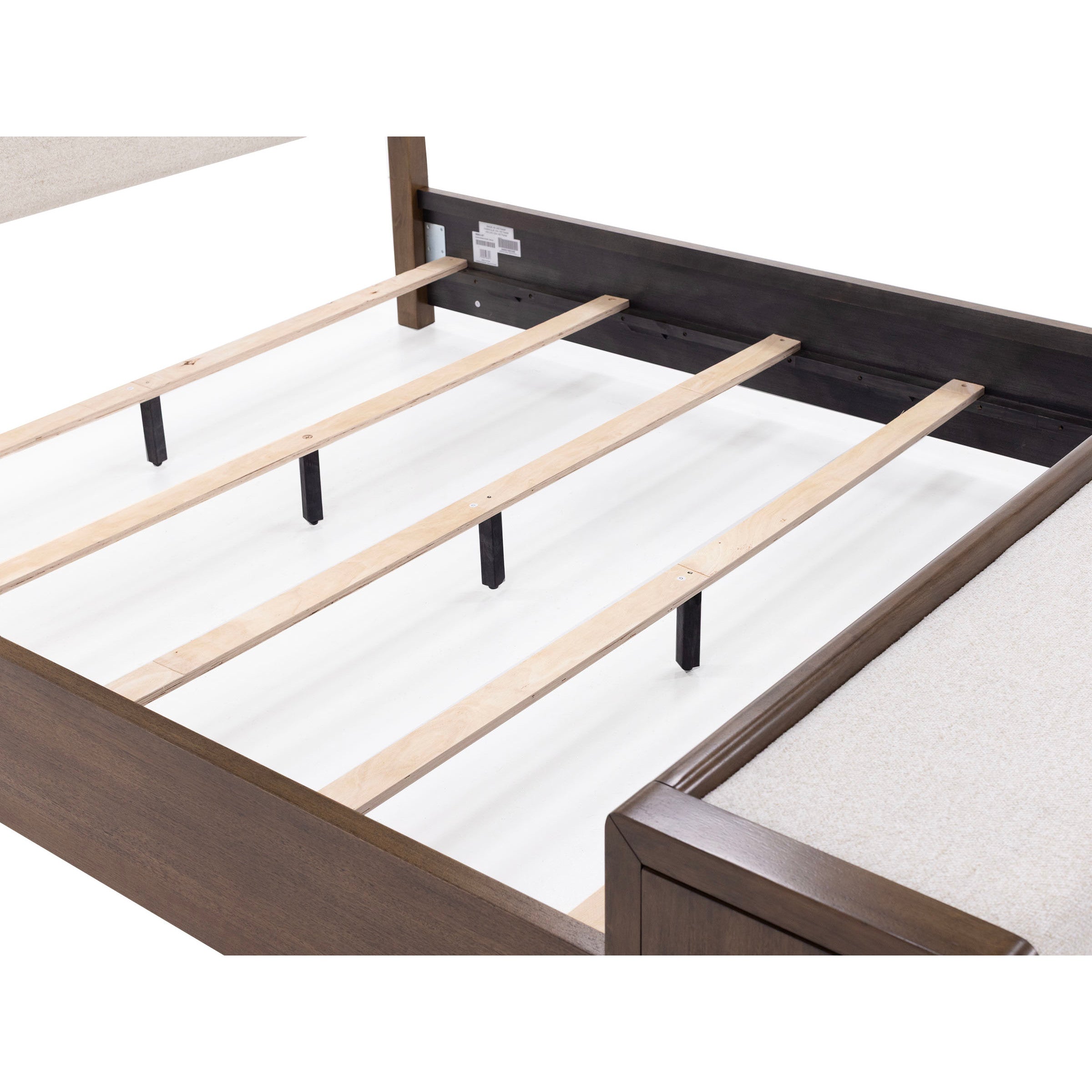Wooden bed frame with slats and center supports, shown without a mattress.