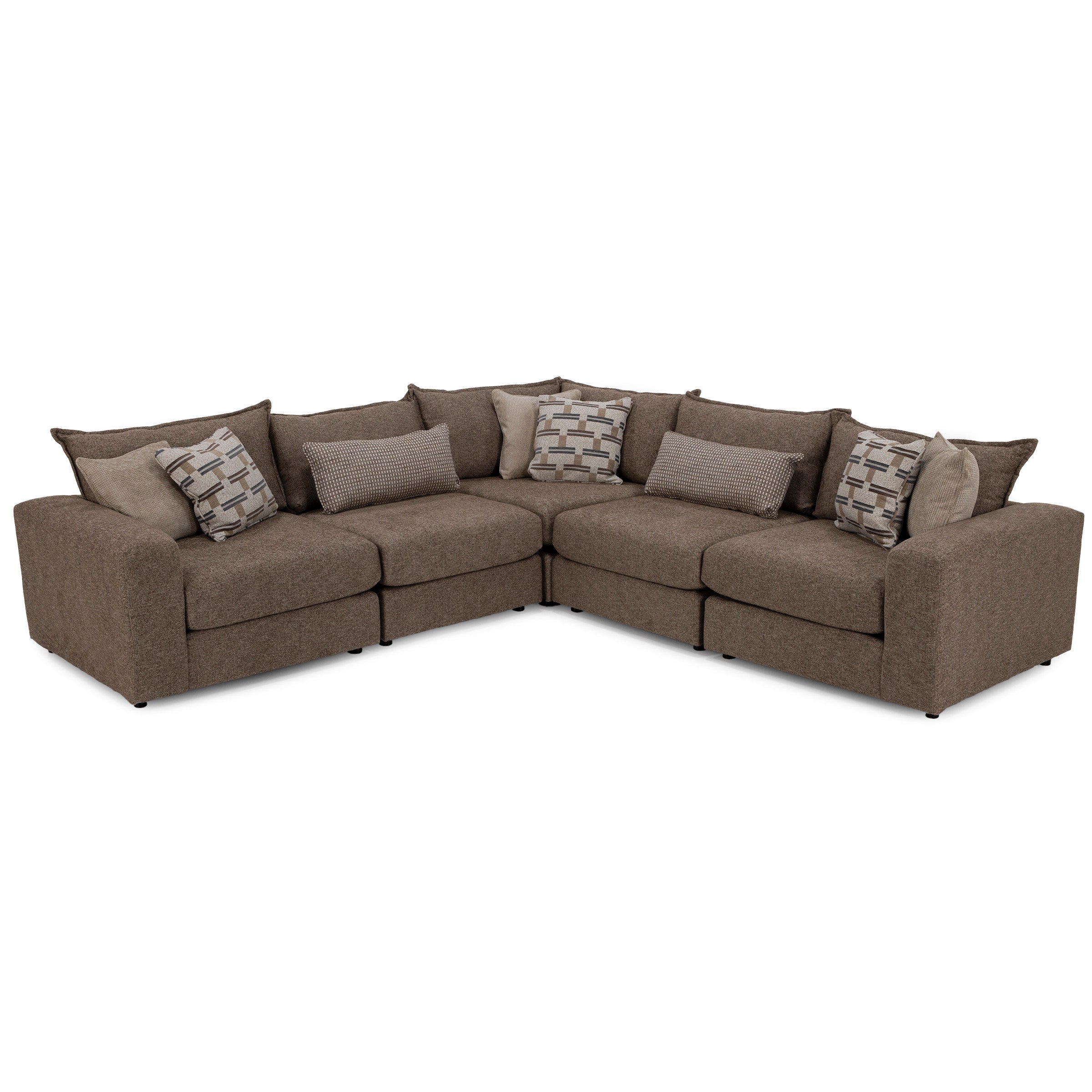 Brown fabric sectional sofa with assorted accent pillows.