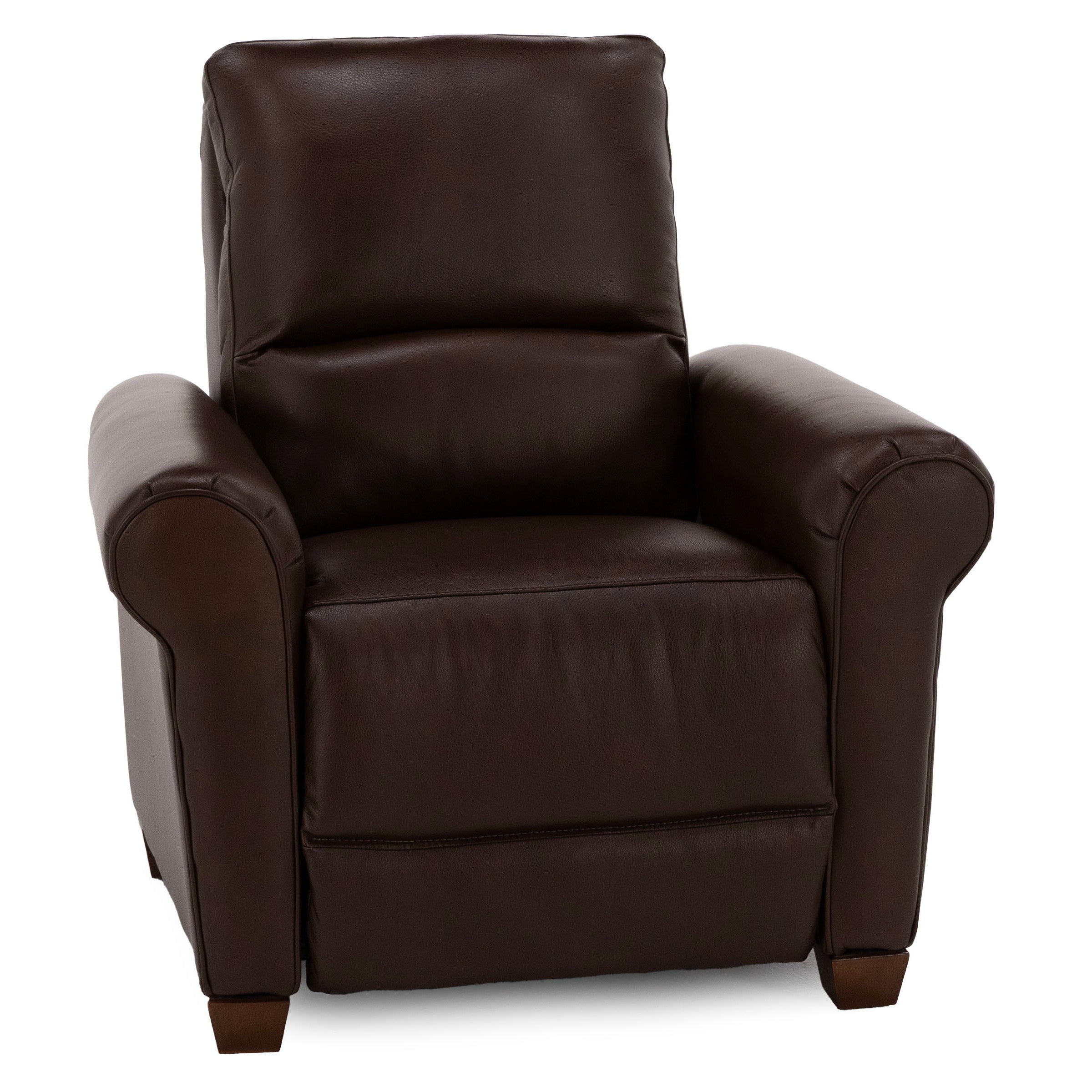 Dark brown leather armchair with cushioned seat and back.