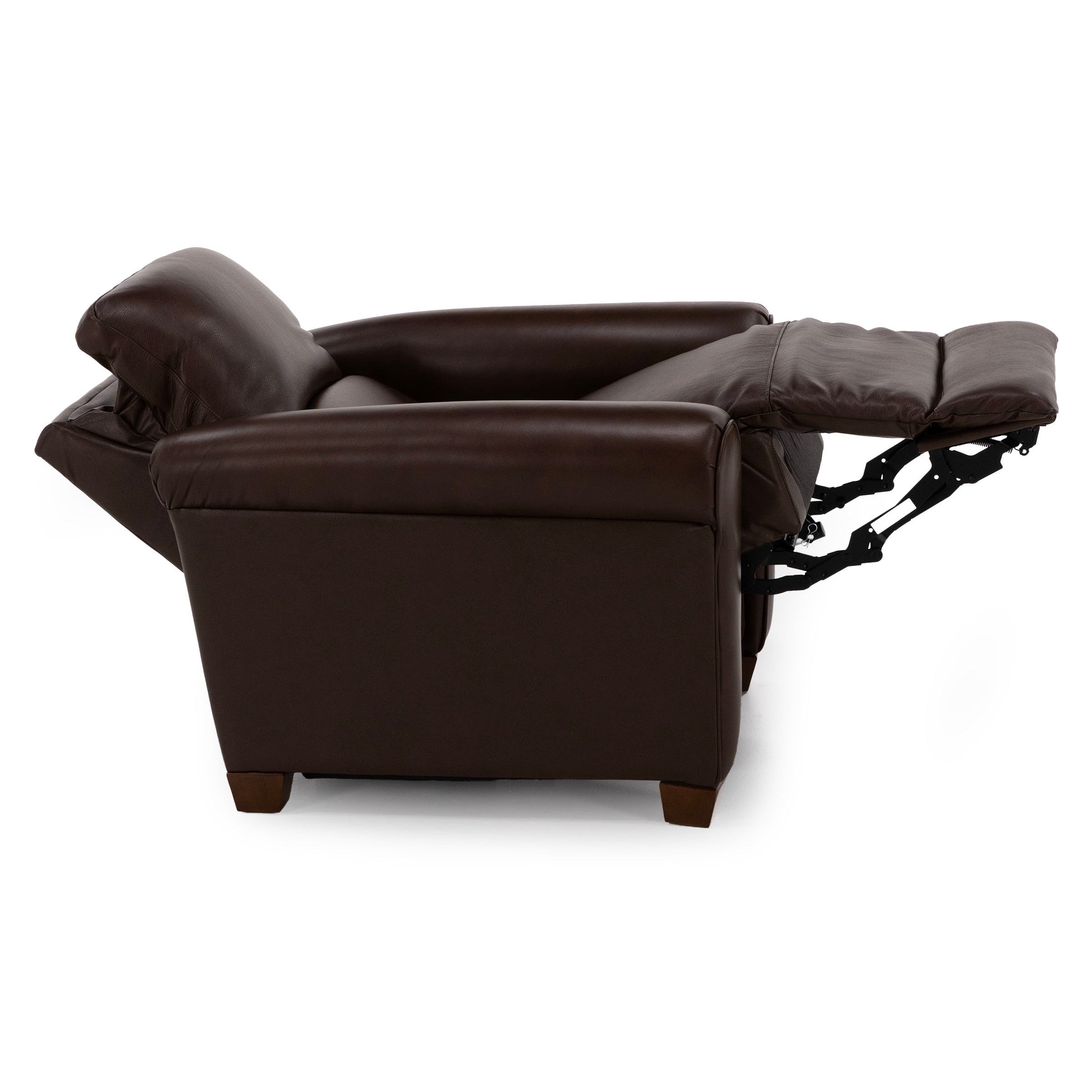 Side view of a dark brown recliner chair fully extended.