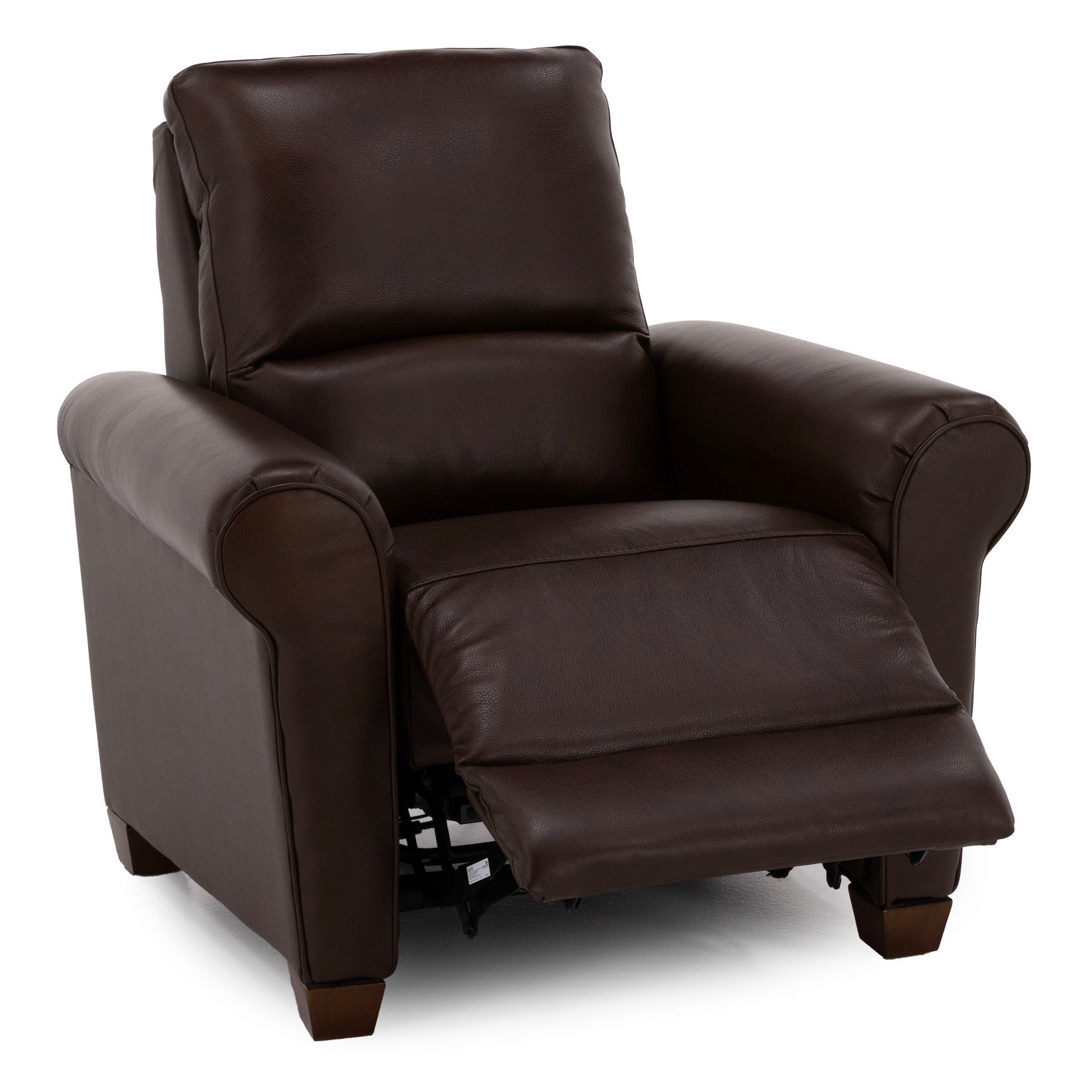 Dark brown leather recliner chair with extended footrest.