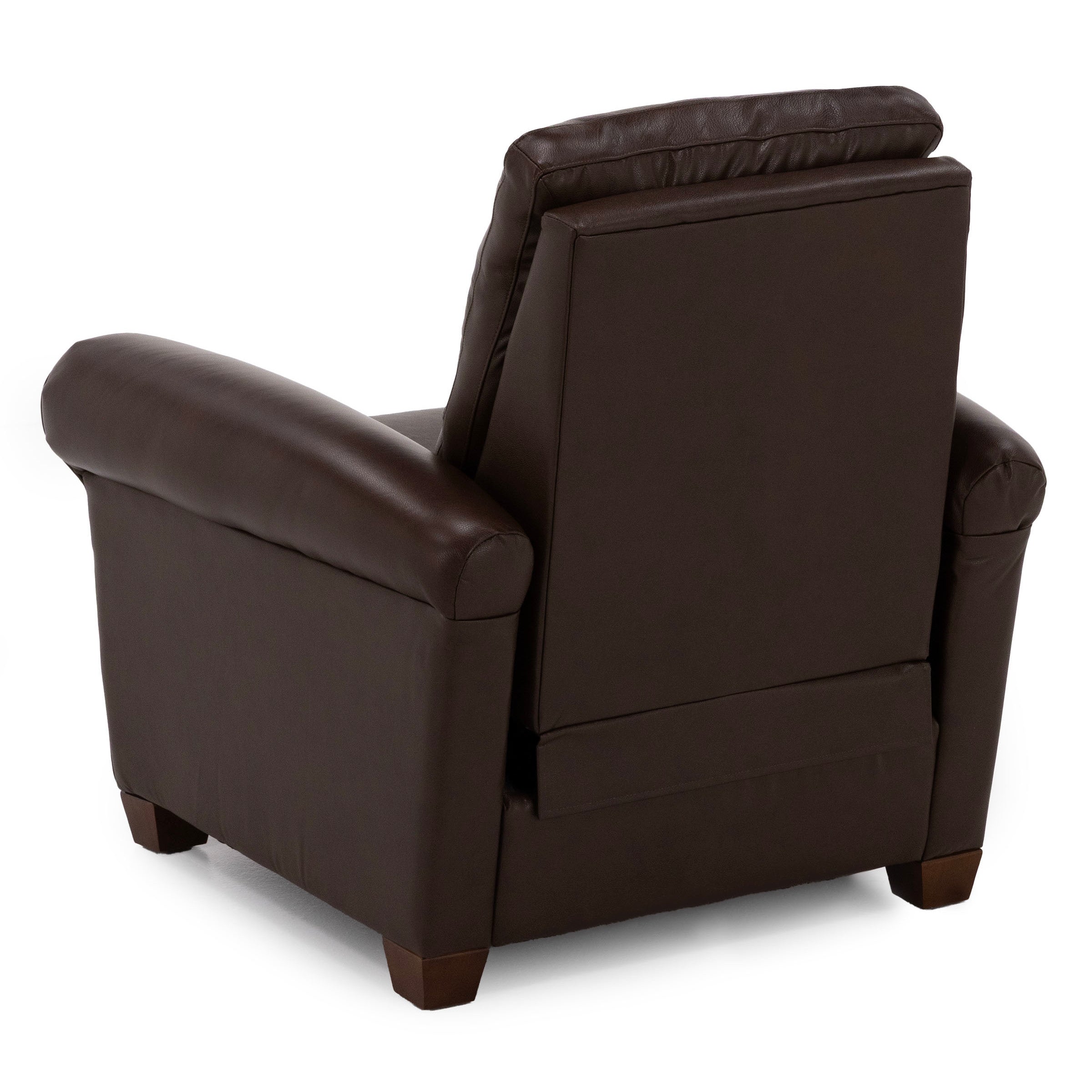 Back view of a dark brown leather recliner chair on white background.