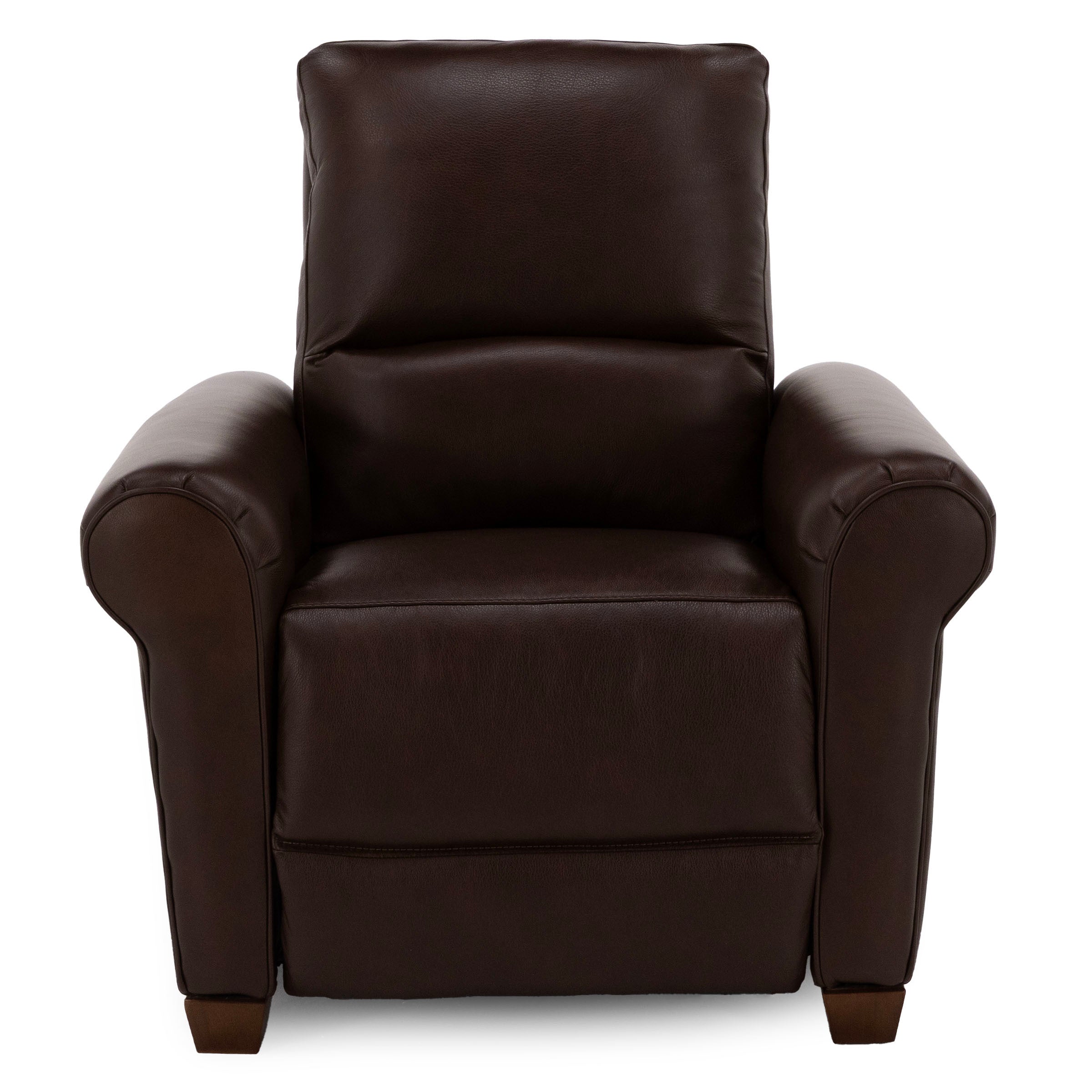 Dark brown leather recliner chair, front view.