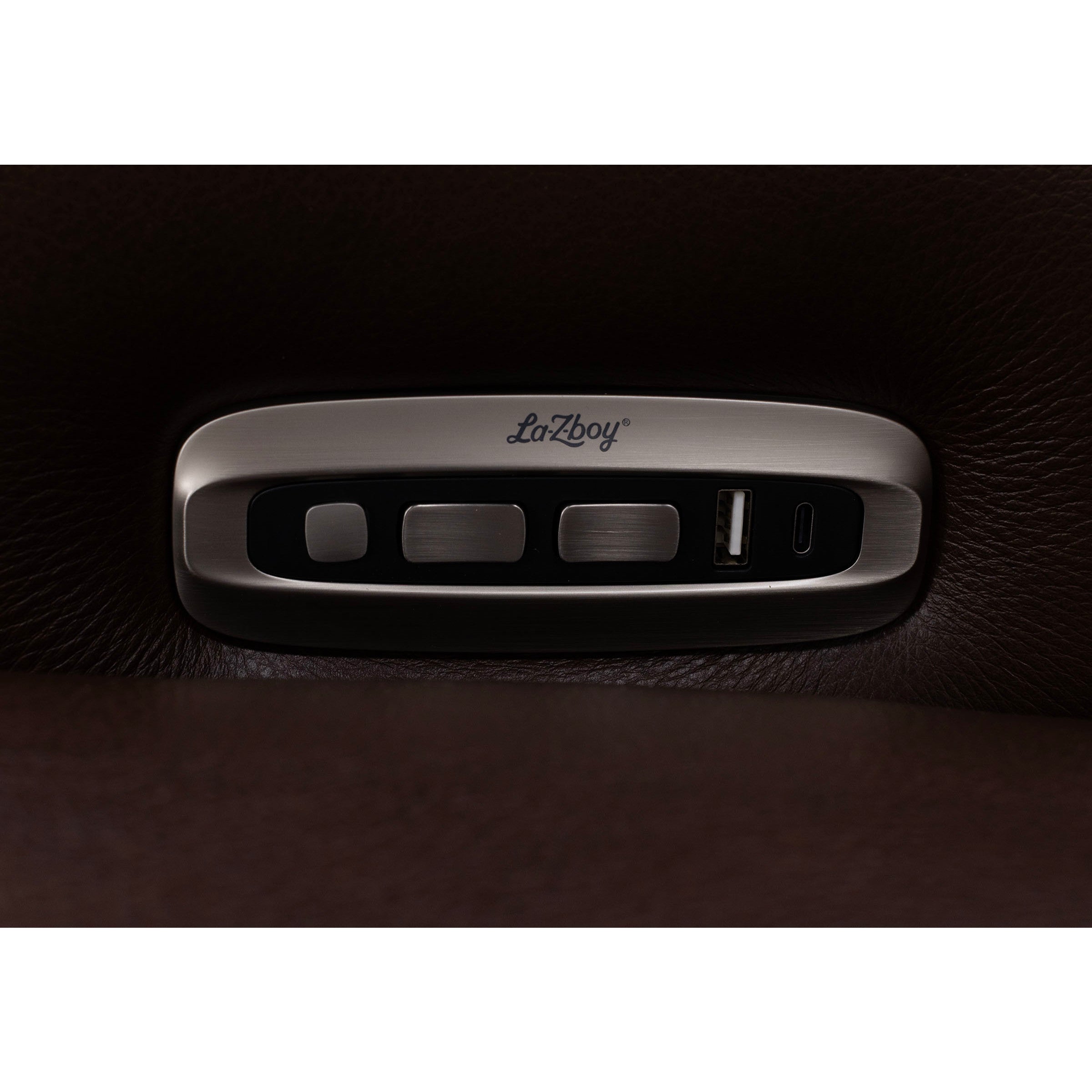 Close-up of La-Z-Boy recliner control panel with adjustment buttons and USB ports.