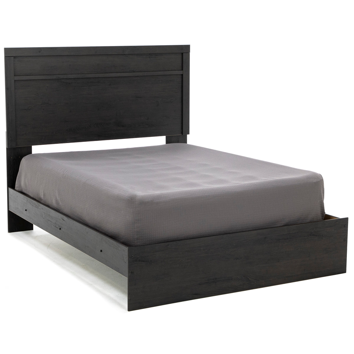Modern dark wood bed frame with tall headboard and gray mattress.
