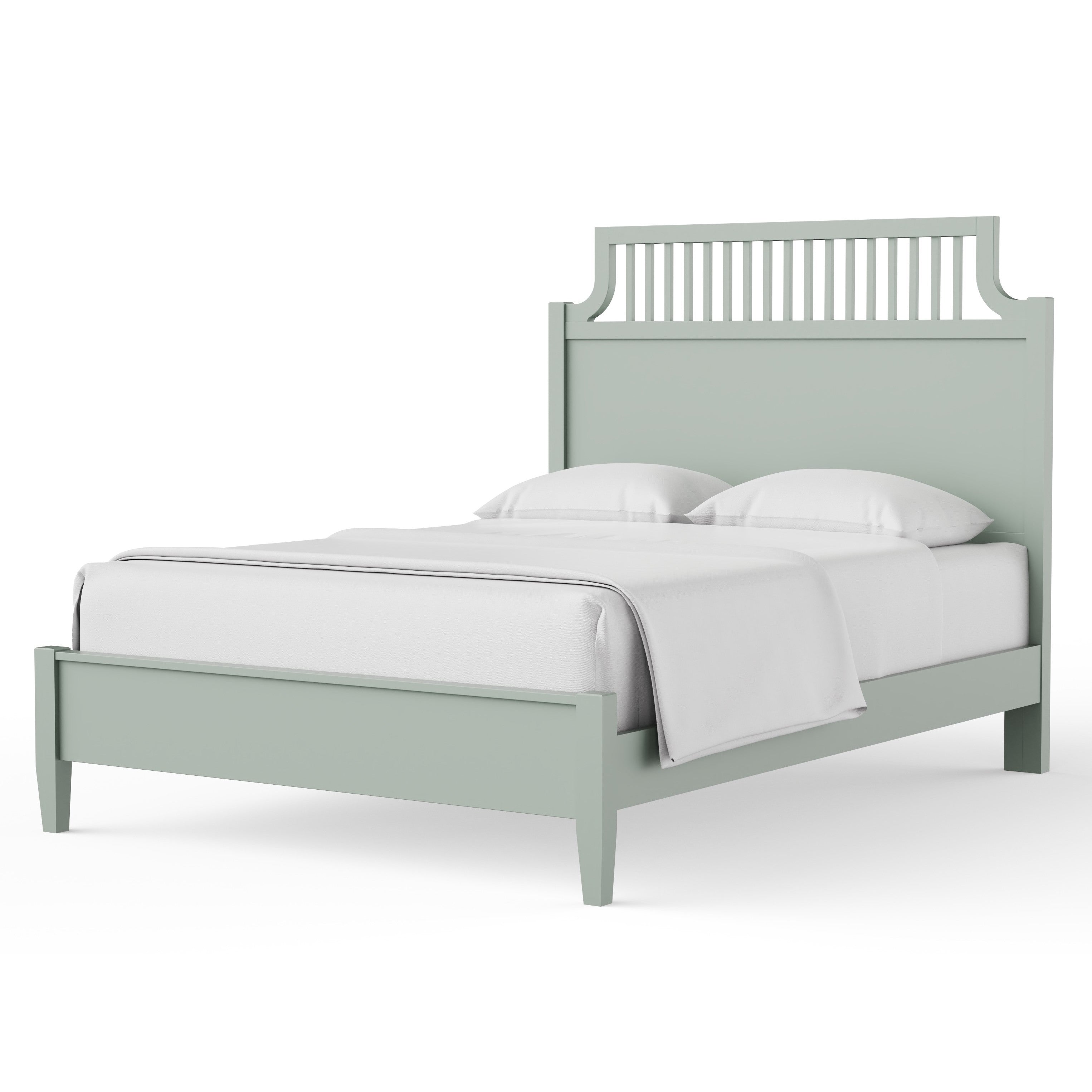 Light green bed frame with vertical slat headboard and white bedding.
