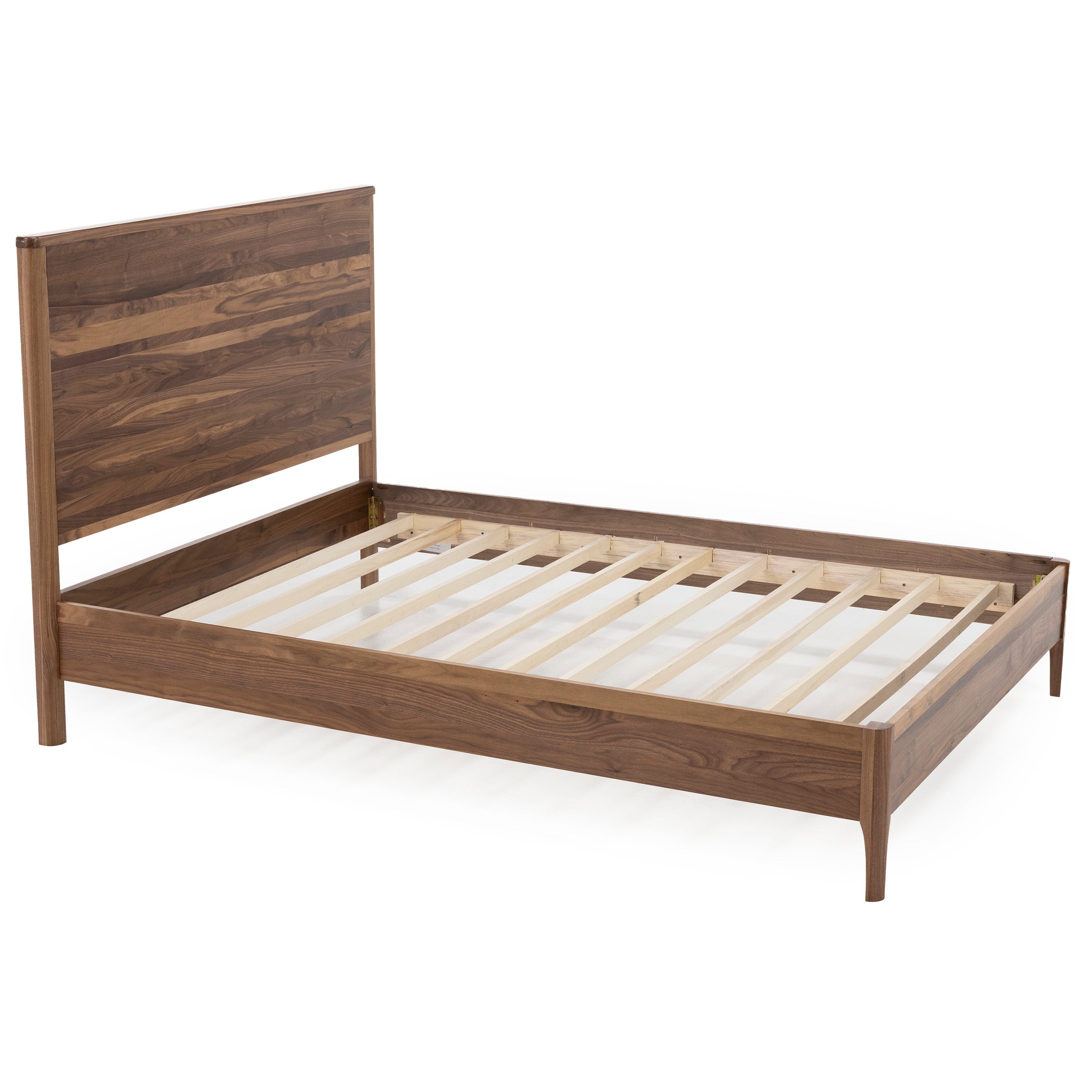 Walnut wood bed frame with slatted base and tall headboard.