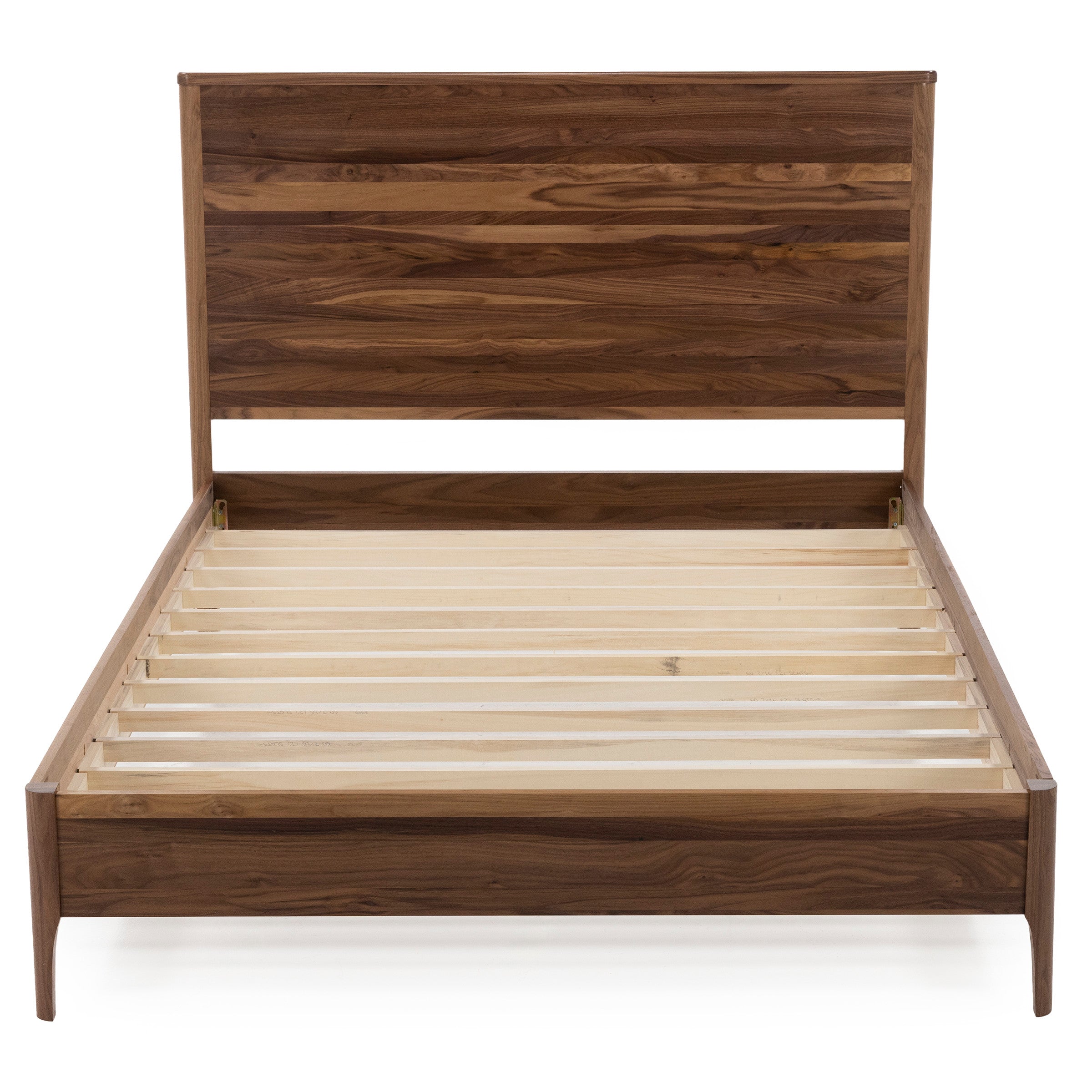 Modern wooden bed frame with slatted base and tall headboard.