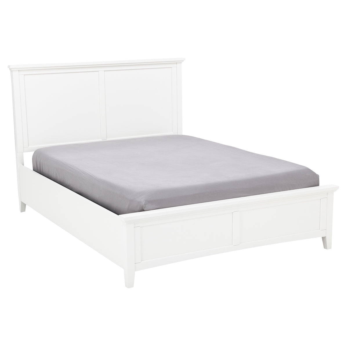 White panel bed frame with a gray mattress, shown at an angle.