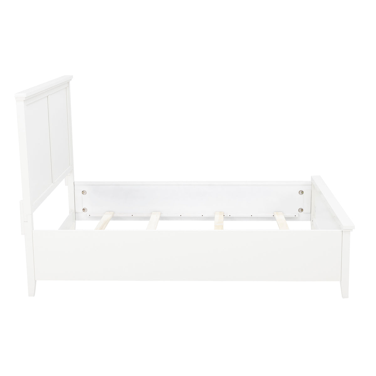 White wooden bed frame with slats and headboard, shown without mattress.