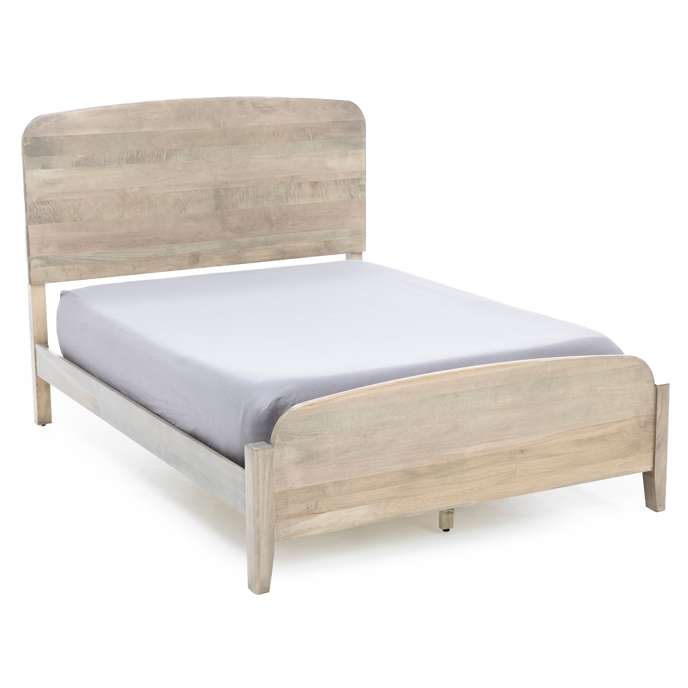 Light wood bed frame with curved headboard and footboard, shown with mattress.