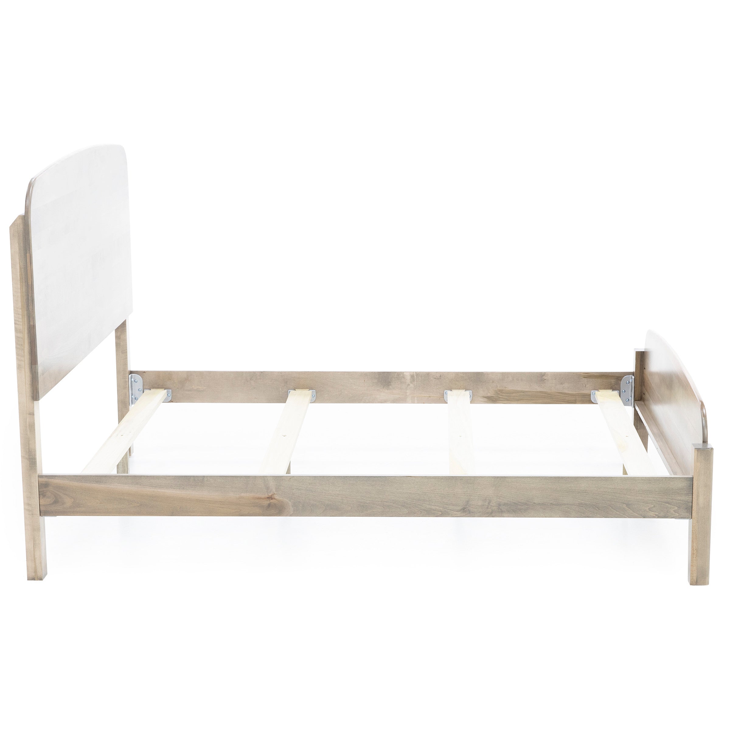 Unfinished wooden bed frame with headboard and footboard, viewed from the front.