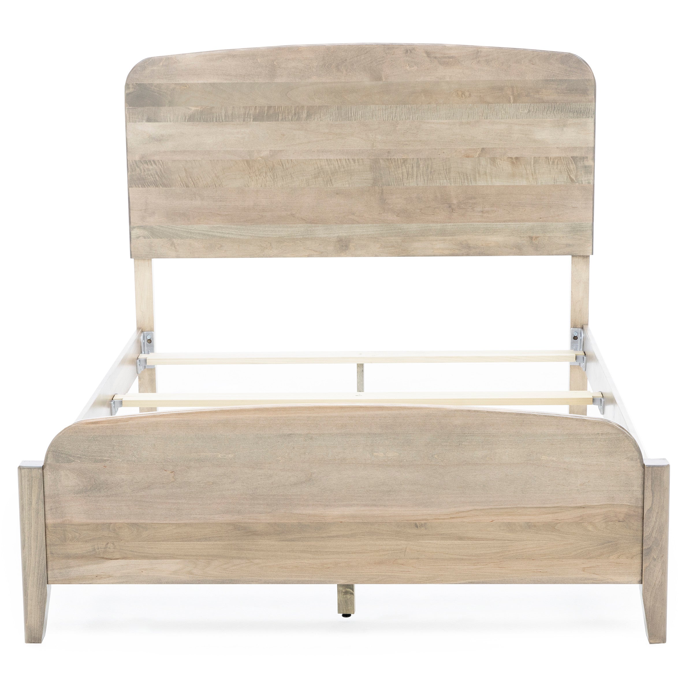 Natural wood bed frame with tall headboard, shown without mattress.