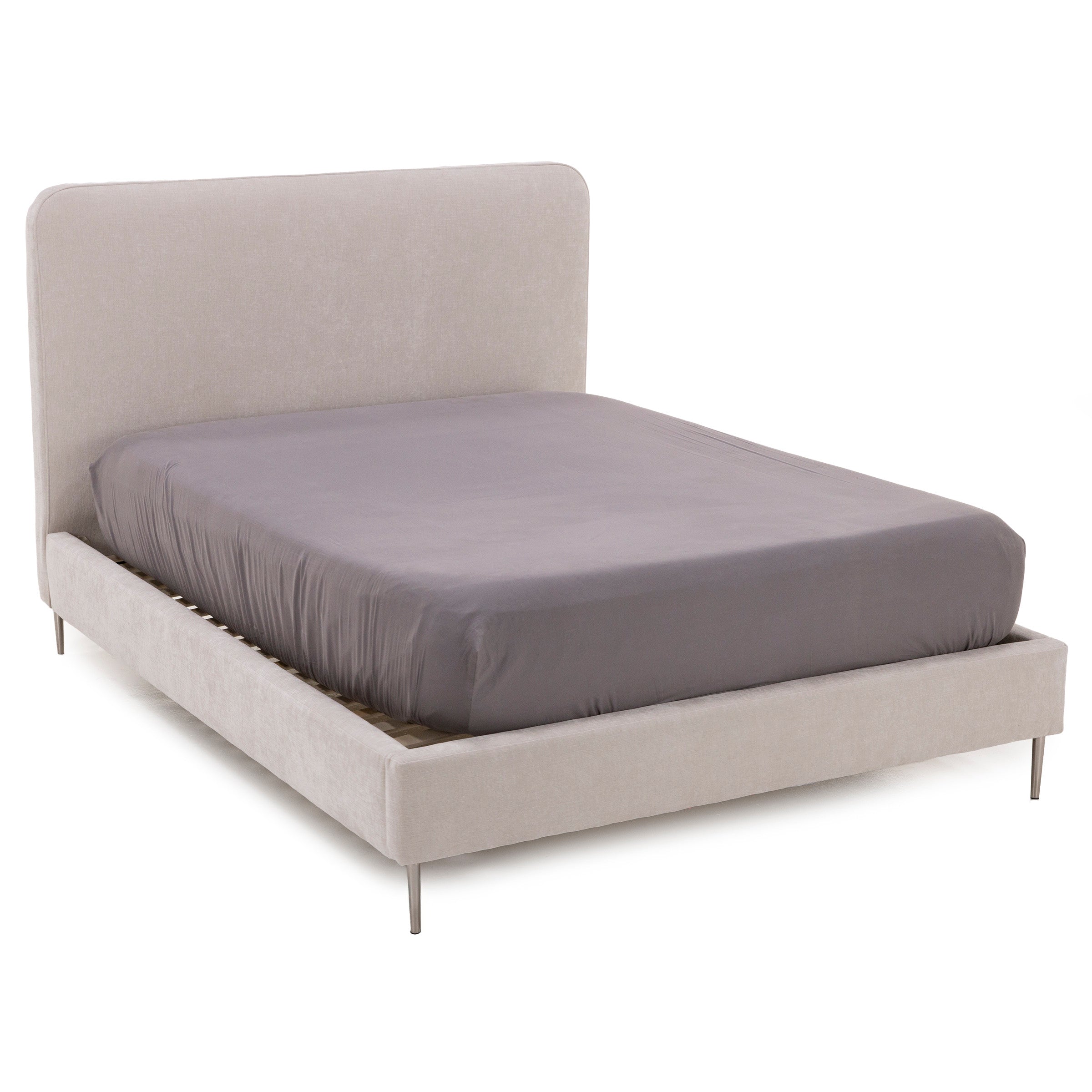 Upholstered bed frame with light fabric and simple legs, shown with a fitted sheet.