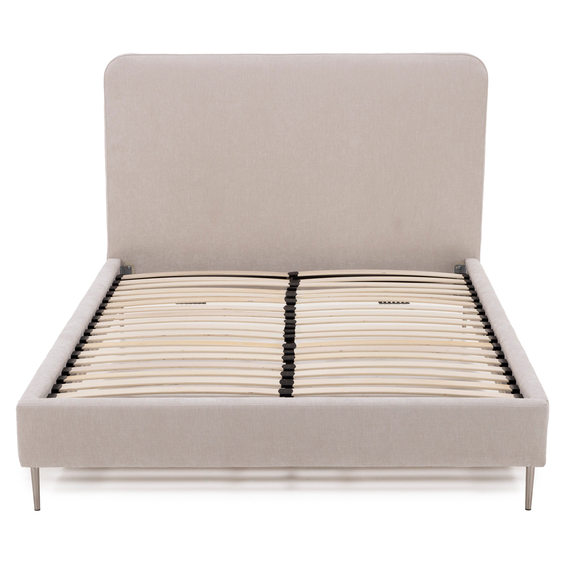 Upholstered platform bed frame with a tall headboard and slatted base.