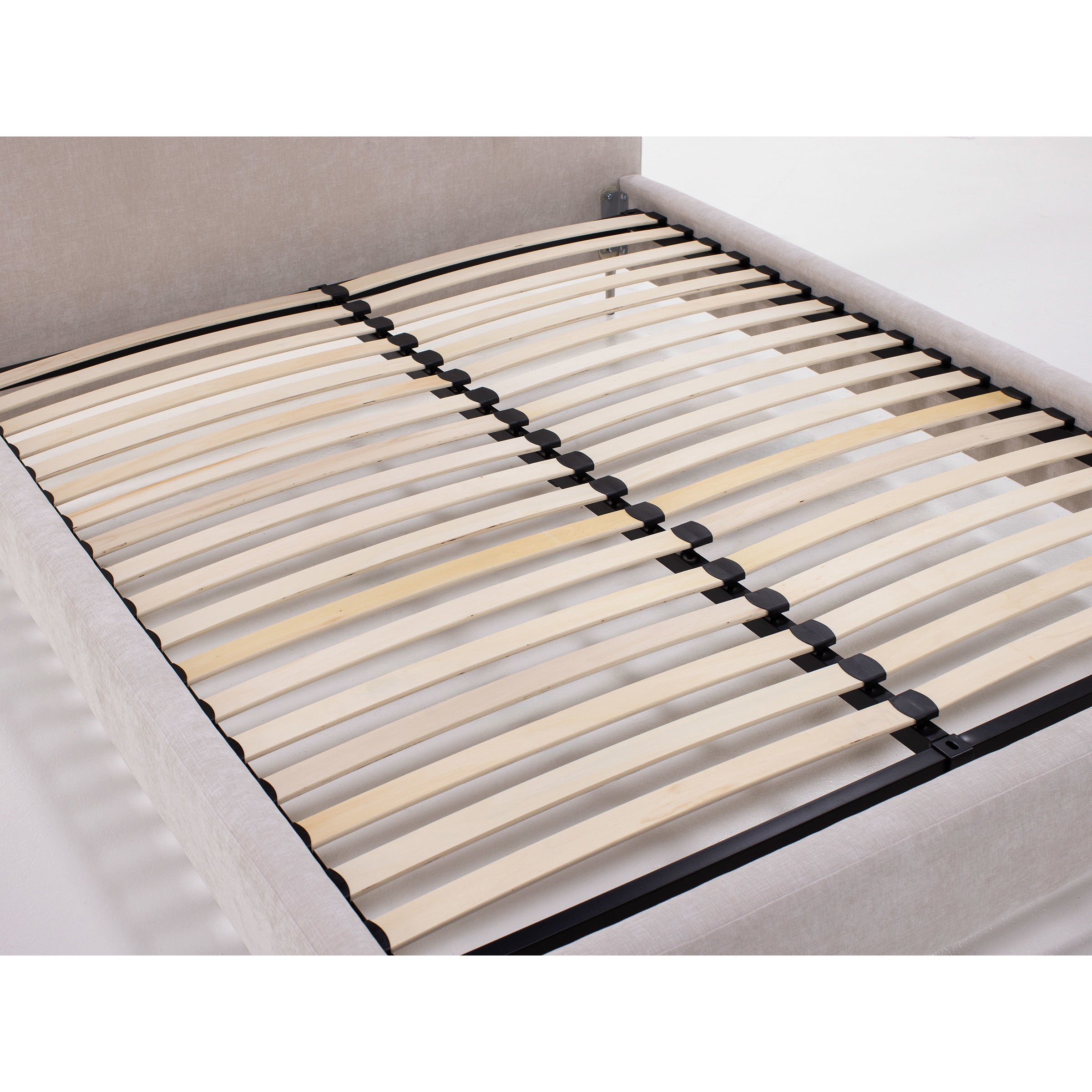 Wooden slatted bed frame with fabric side rail, shown without a mattress.