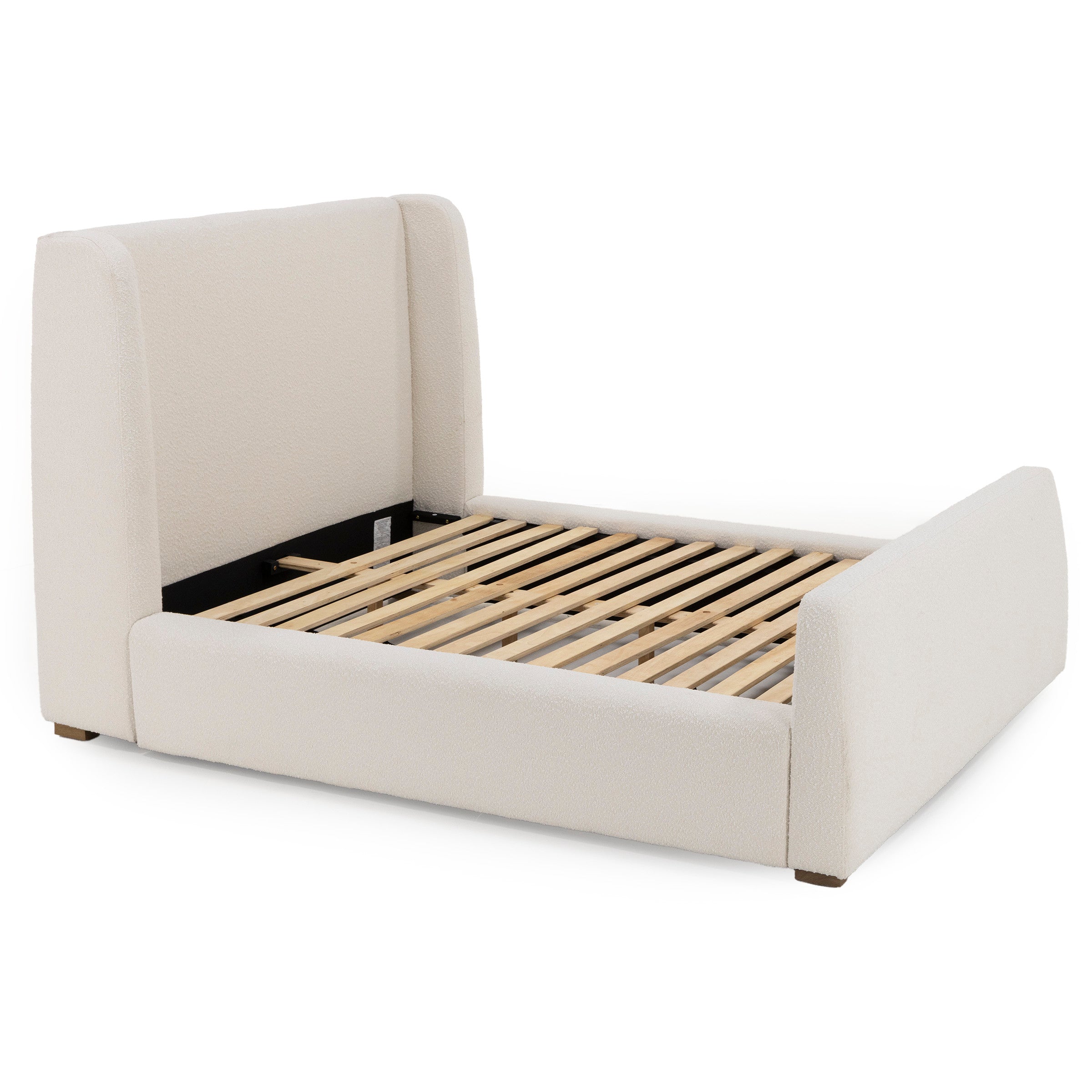 Upholstered bed frame with tall headboard and wooden slats, shown without mattress.