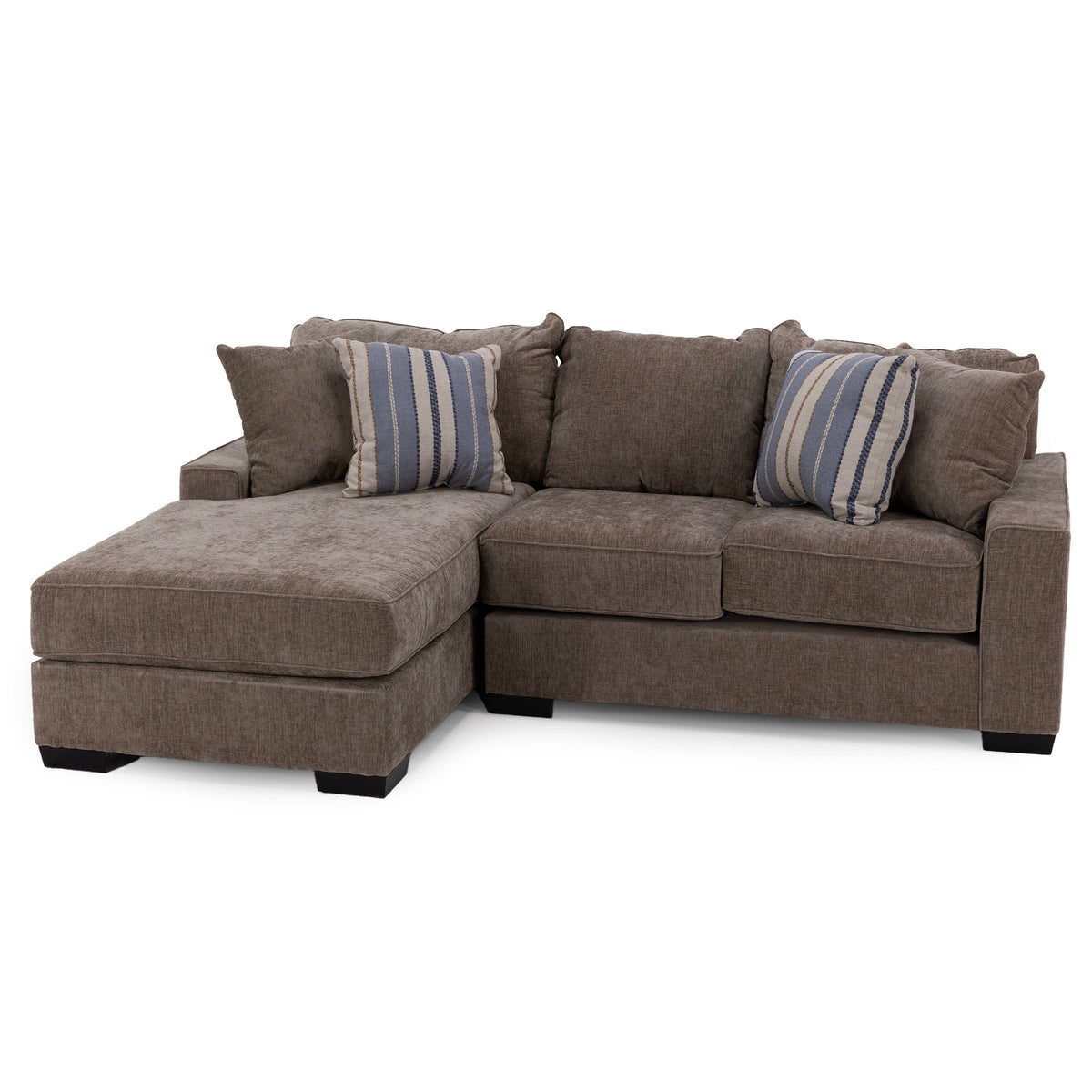 Brown sectional sofa with chaise and matching pillows, including two with blue stripes.