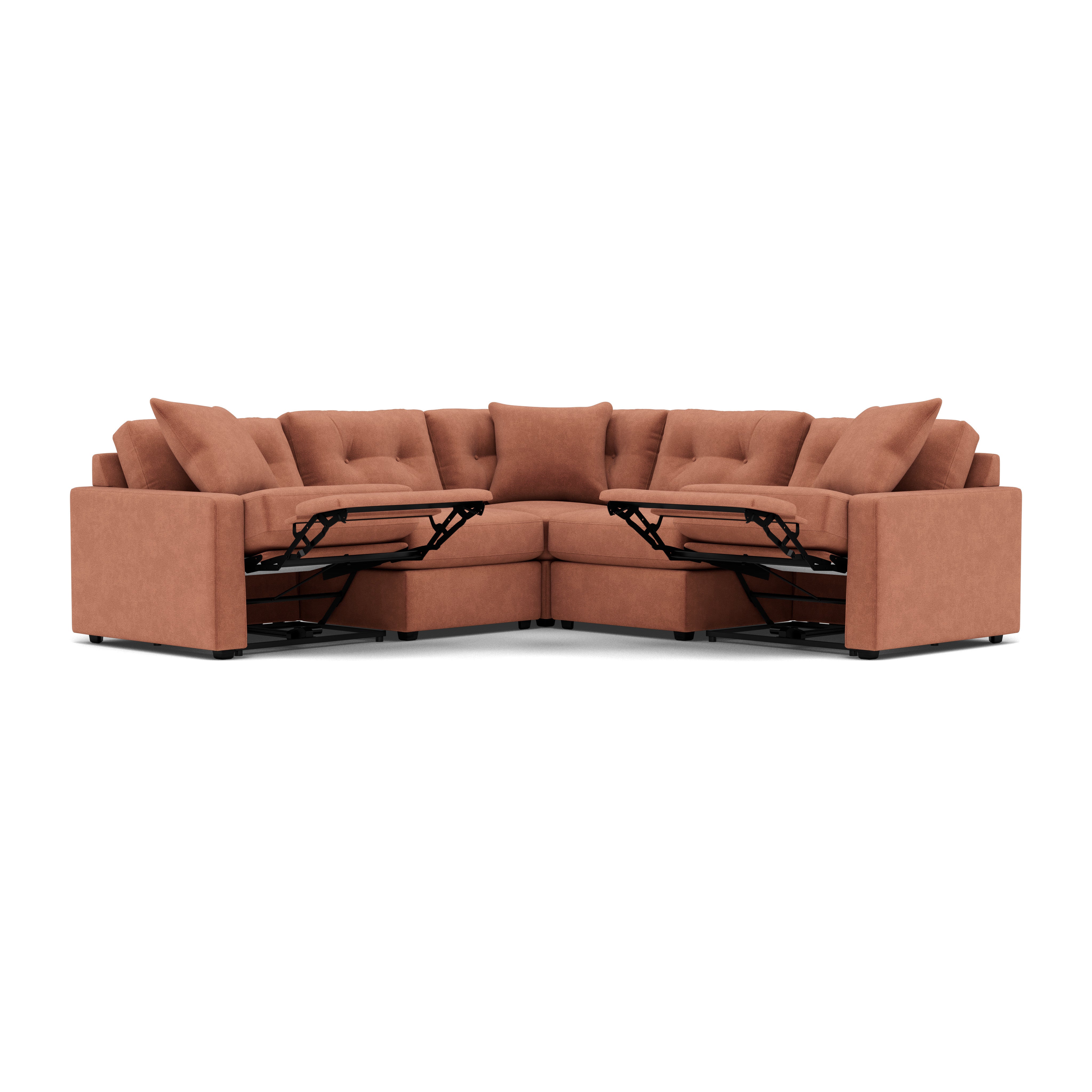 Rust-colored sectional sofa with two extendable recliners, shown on a white background.
