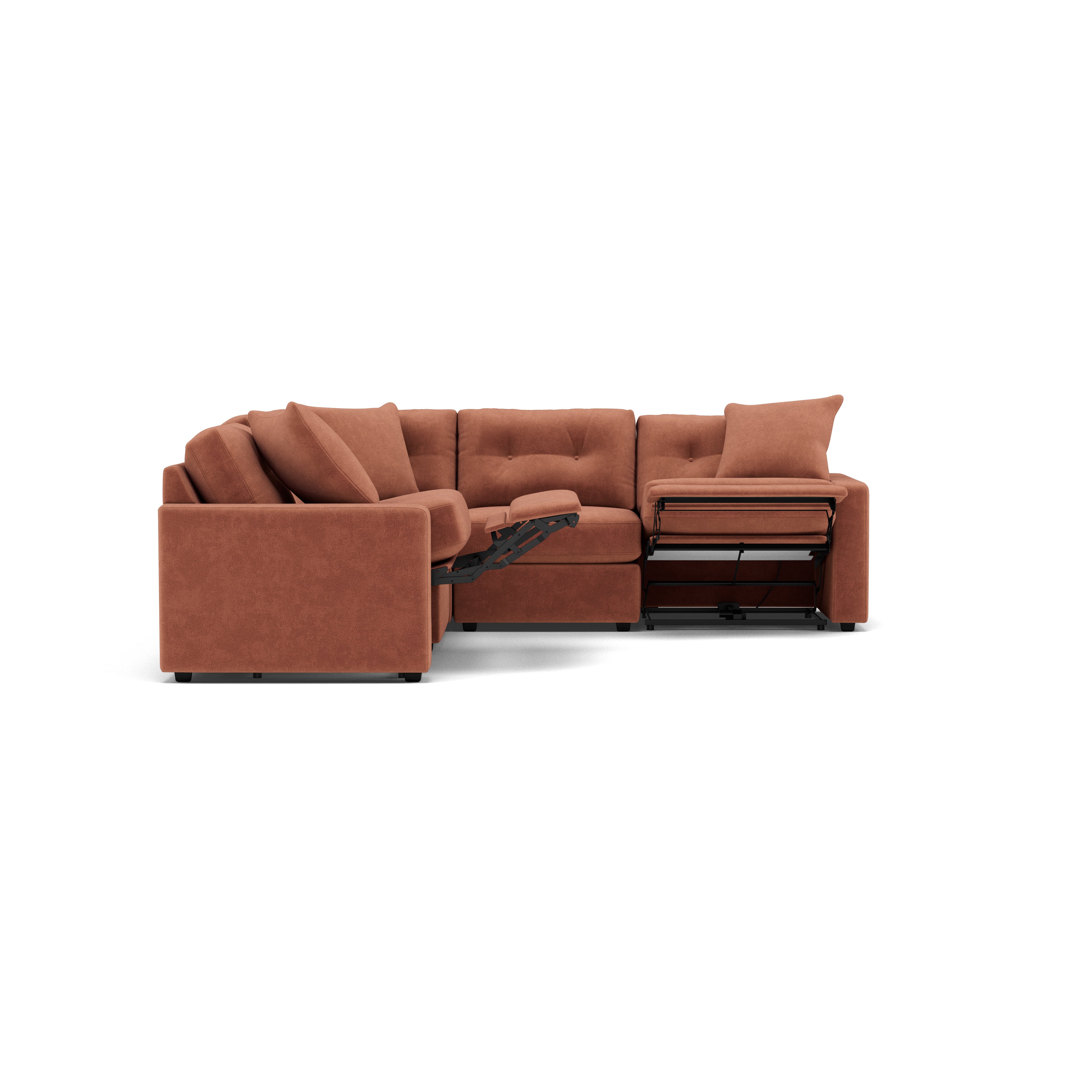 Sectional sofa with recliner extended, shown in rust-colored fabric.