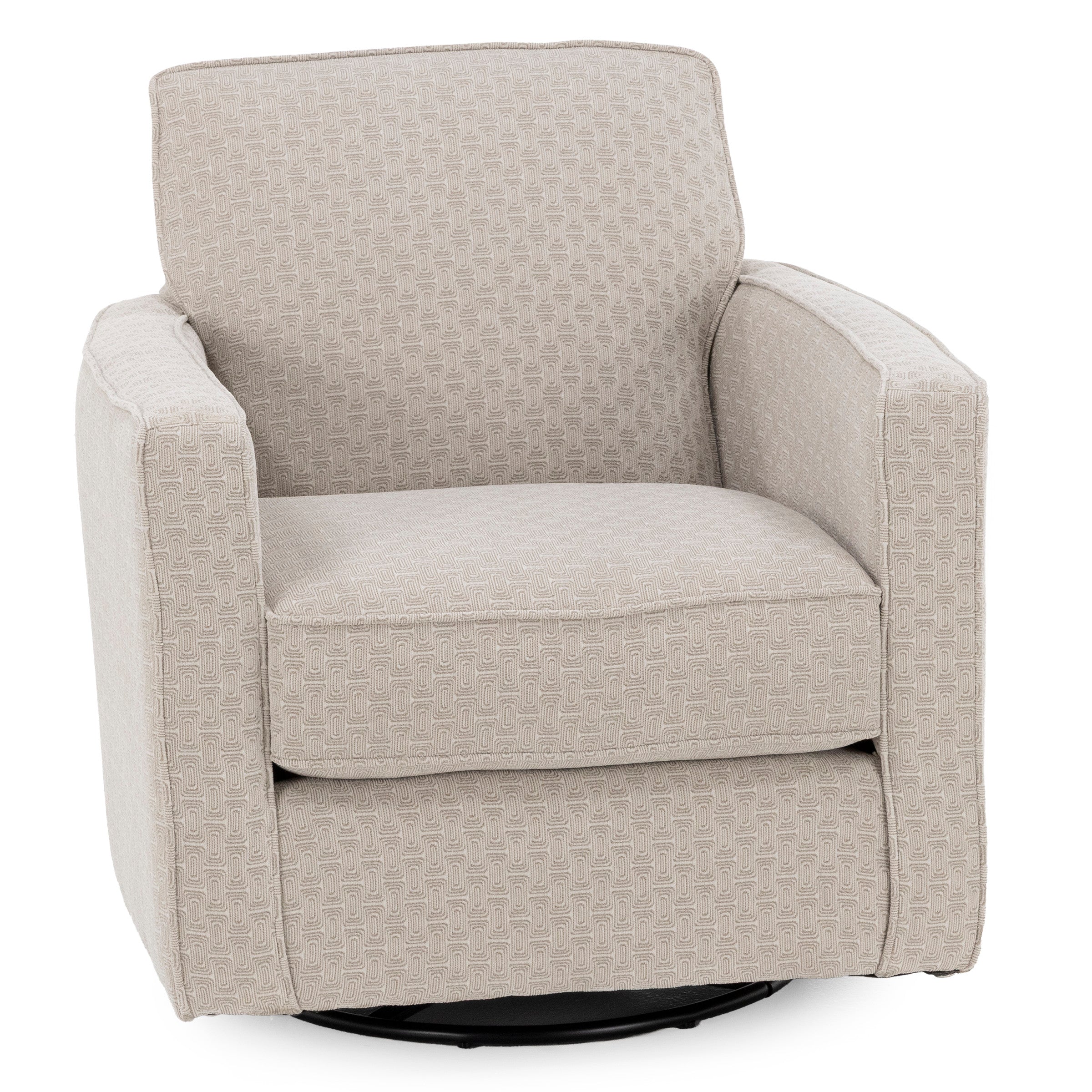 Beige patterned swivel armchair with thick cushion and straight arms.