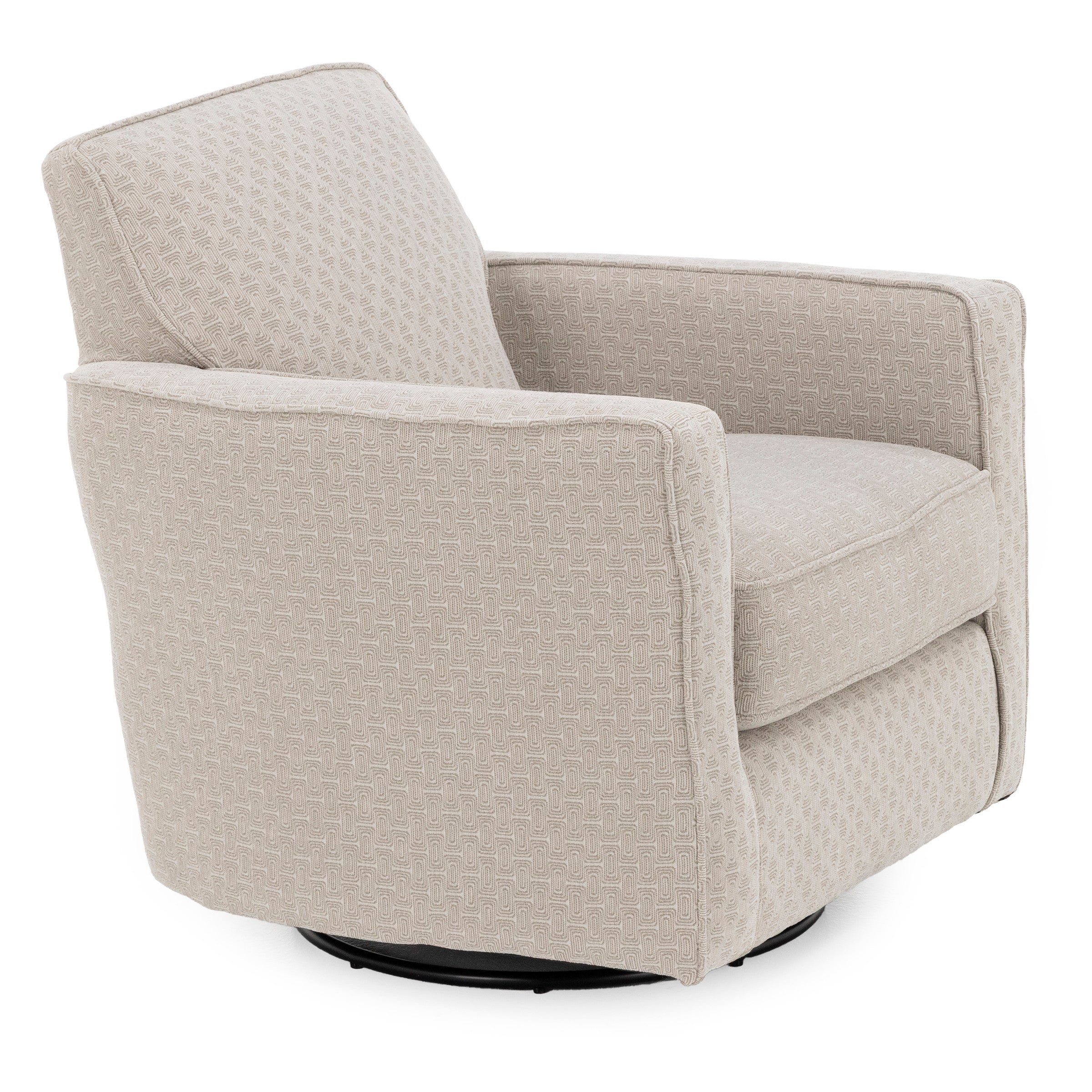 Beige swivel armchair with textured upholstery, shown at an angle.