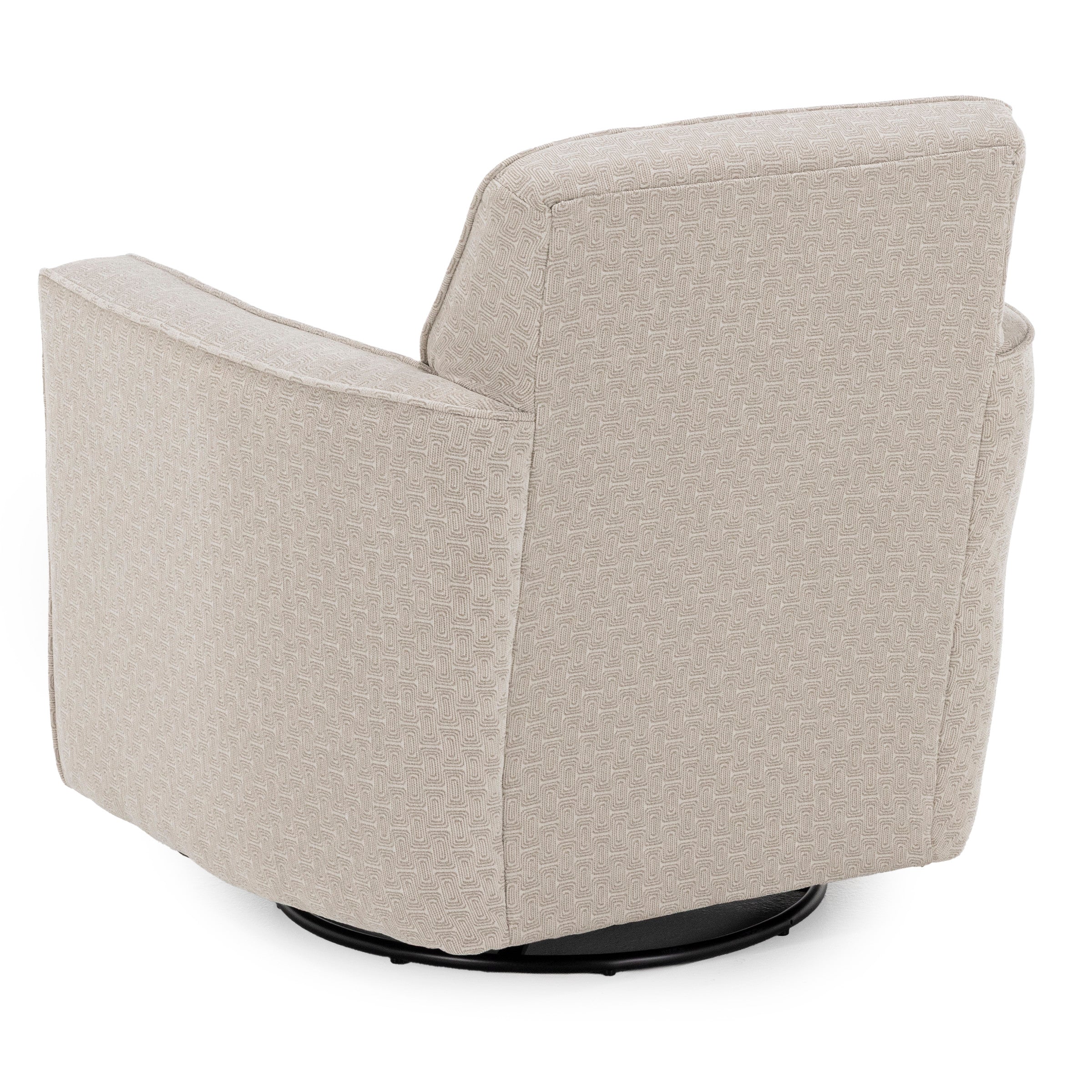 Back view of a beige swivel chair with textured fabric upholstery.
