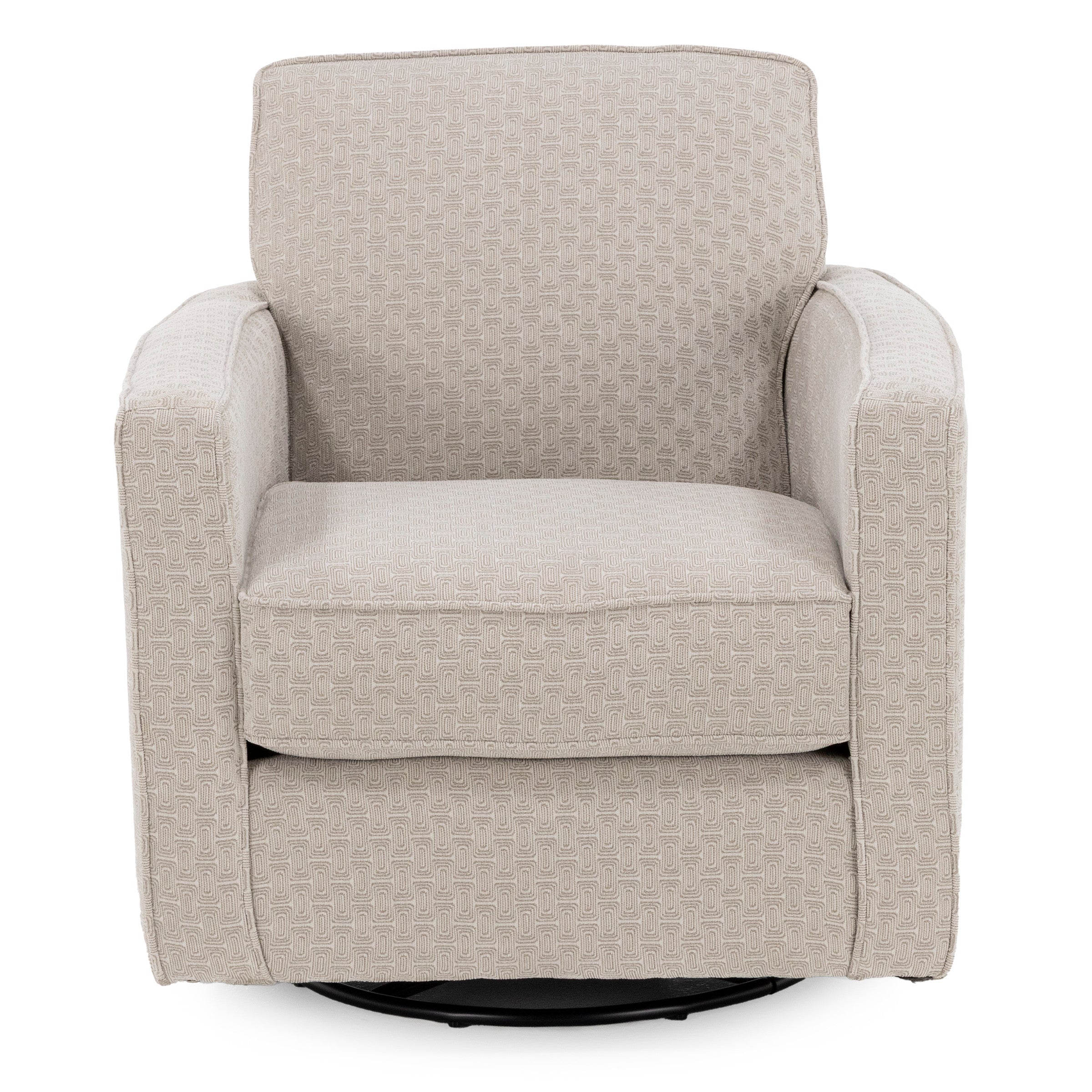 Beige patterned upholstered swivel armchair, front view.