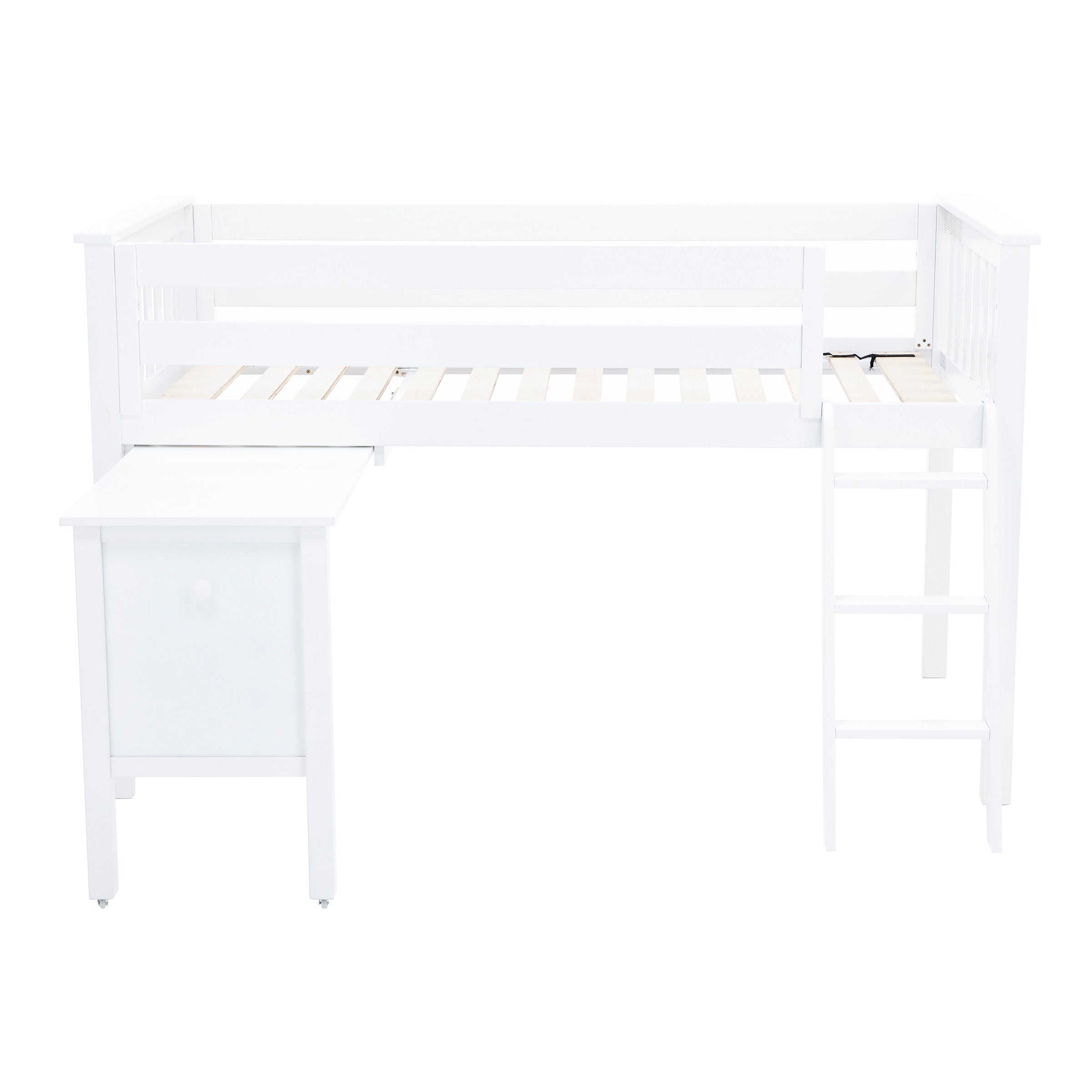 Low Loft Bed with Ladder and Pull-Out Desk