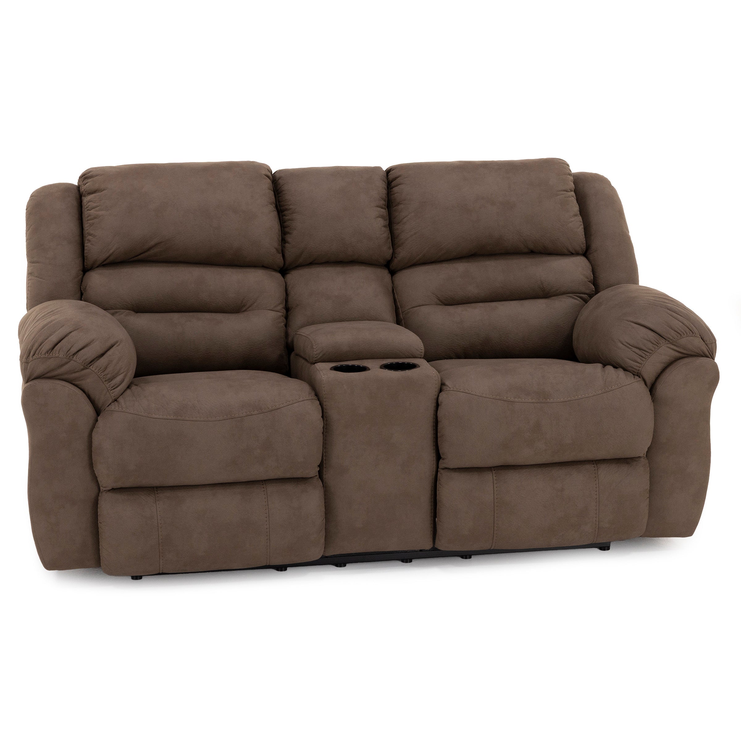 Brown two-seat recliner loveseat with center console and cup holders.