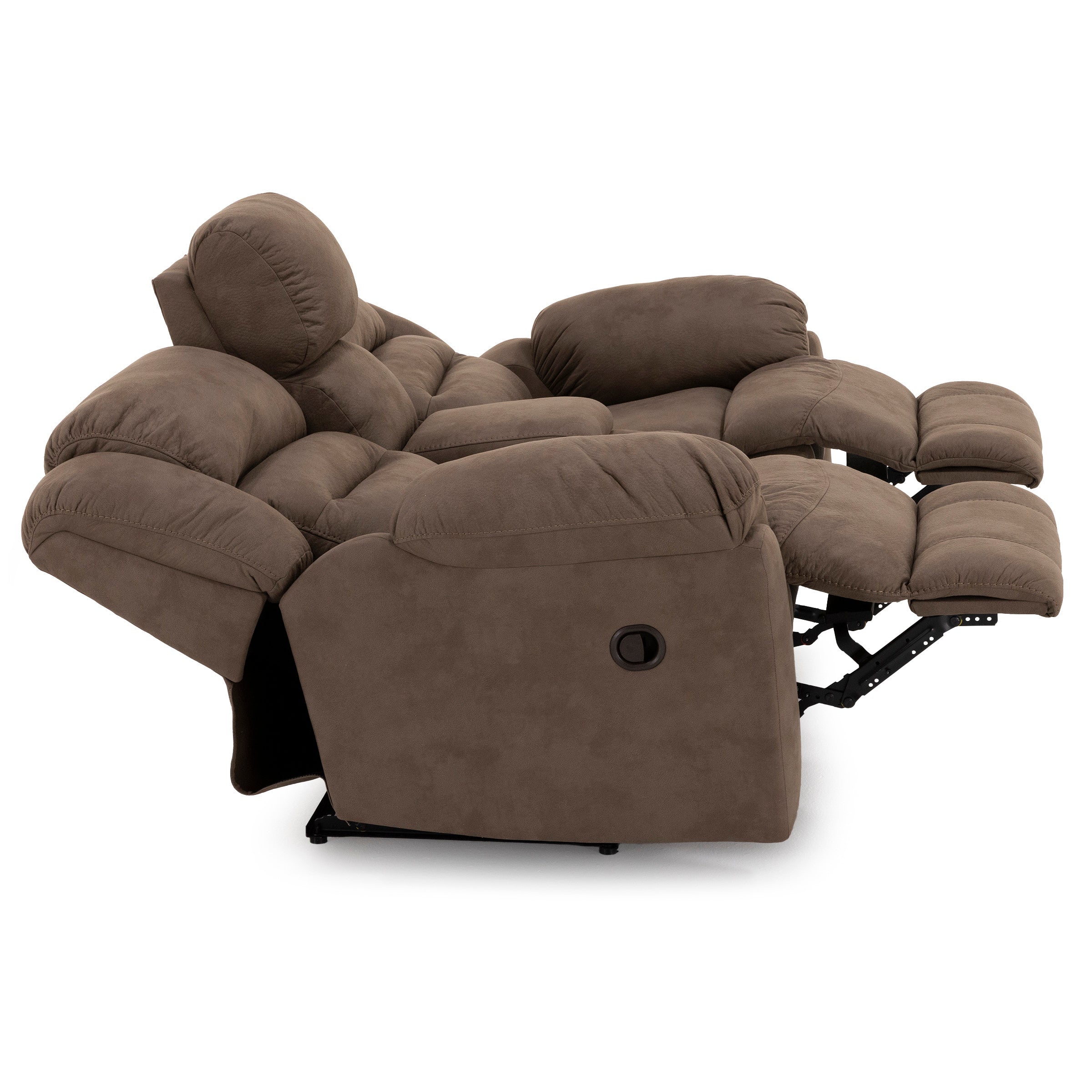 Brown recliner chair fully extended, showing plush cushioning and padded armrests.