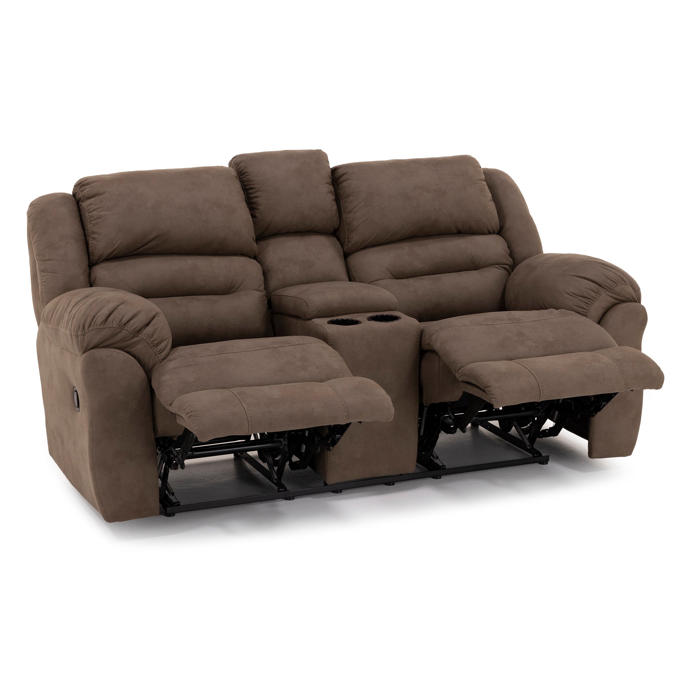 Brown reclining loveseat with cup holders and padded arm rests
