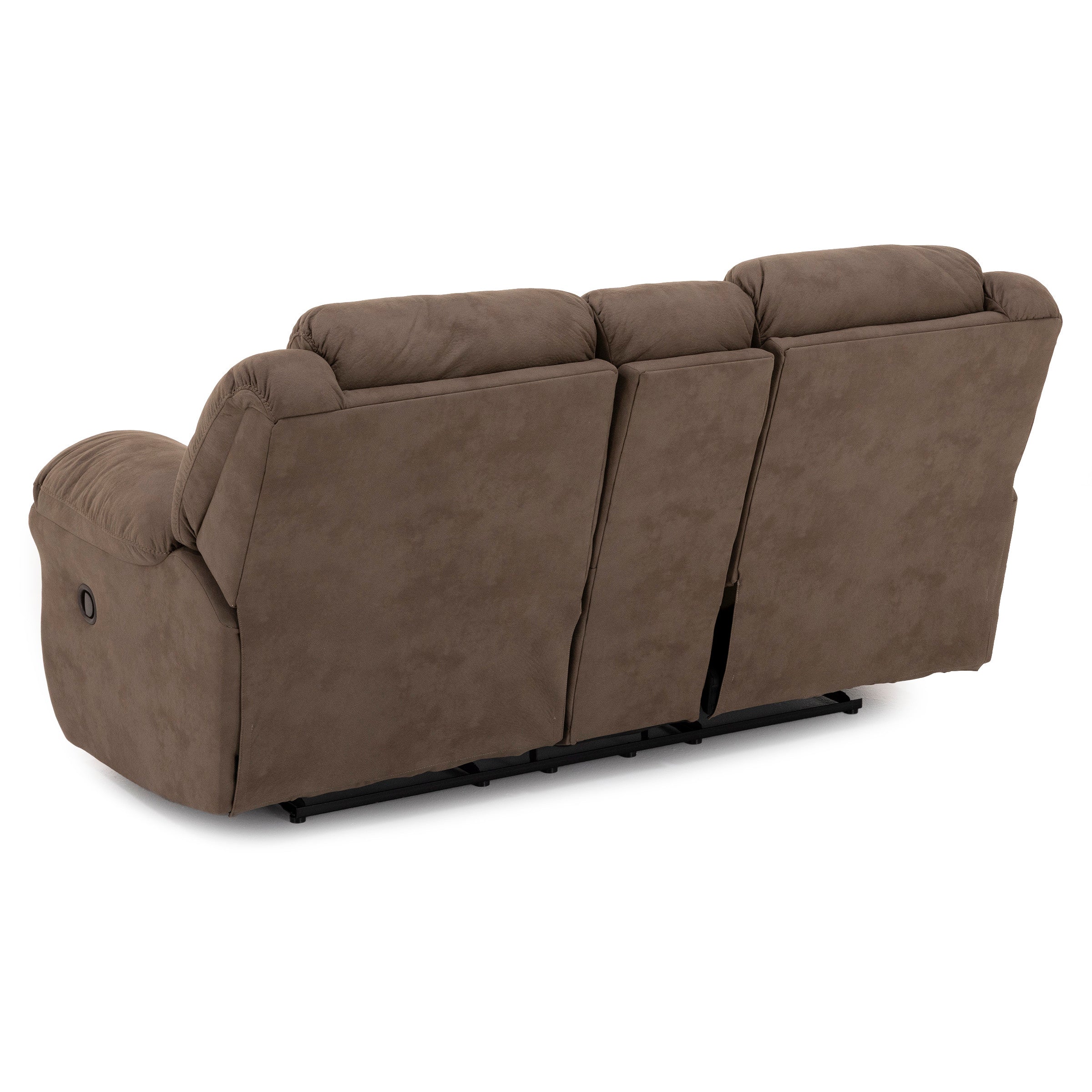 Back view of a brown three-seat reclining sofa with plush cushions.