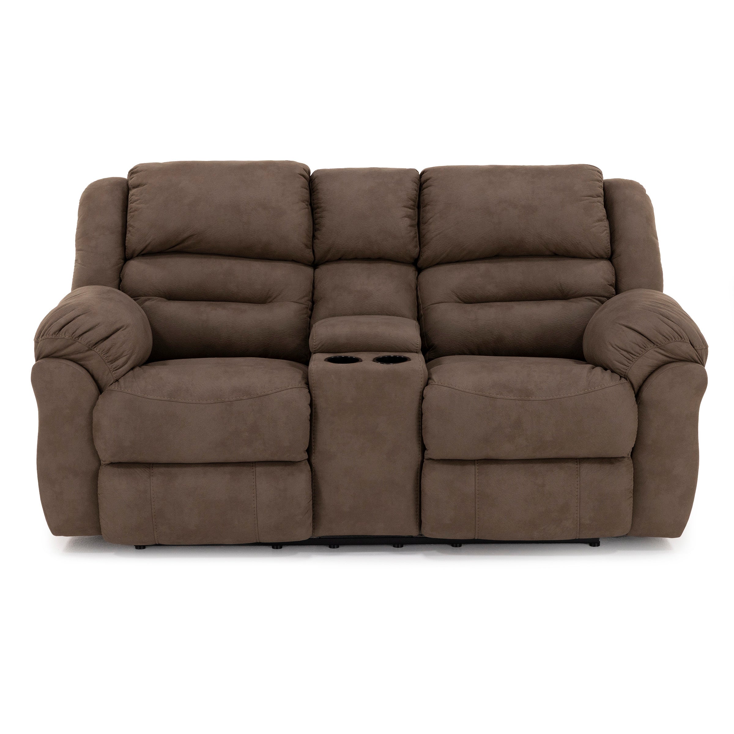 Brown reclining loveseat with plush cushions and center console with cup holders.