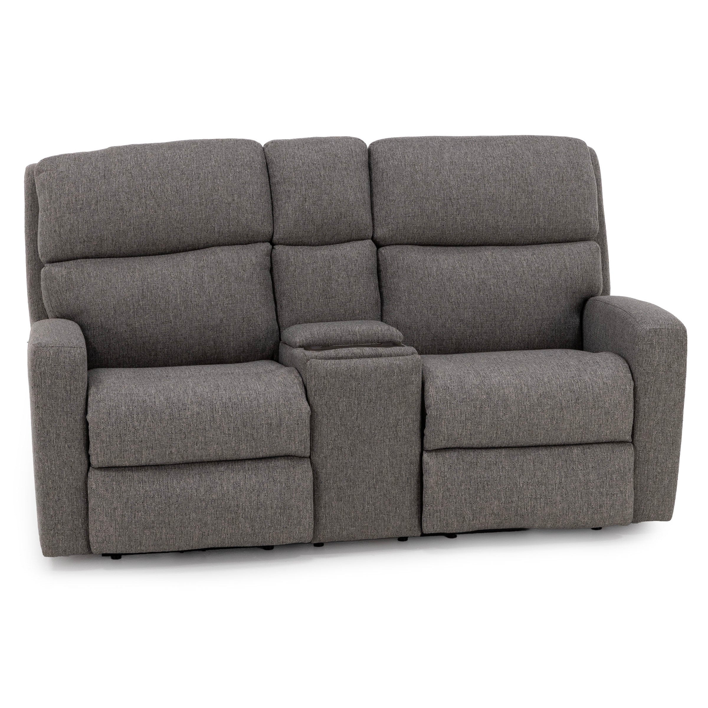 Gray reclining loveseat with center console and padded armrests.
