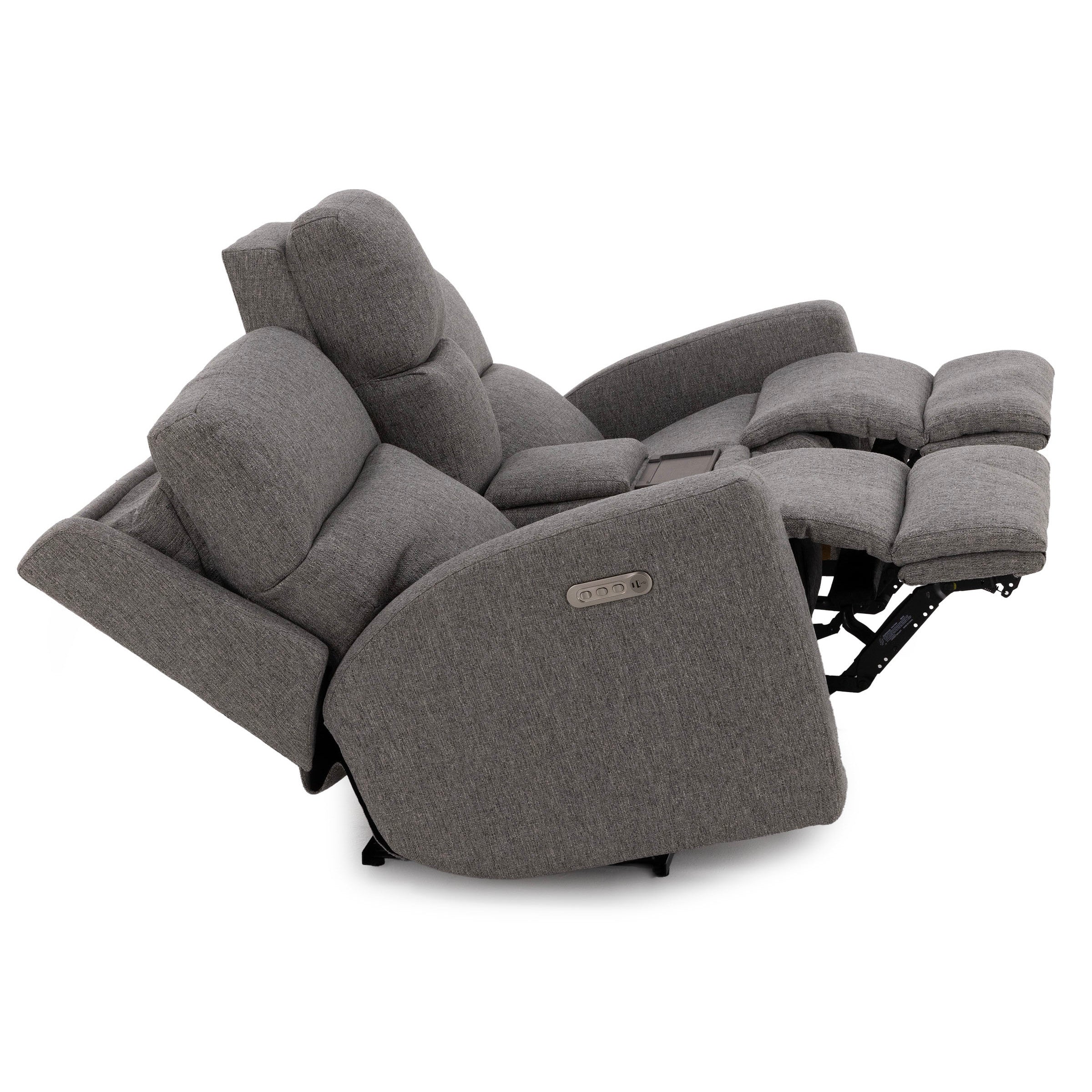 Gray fabric reclining chair fully extended, showing padded seat, backrest, and control panel.