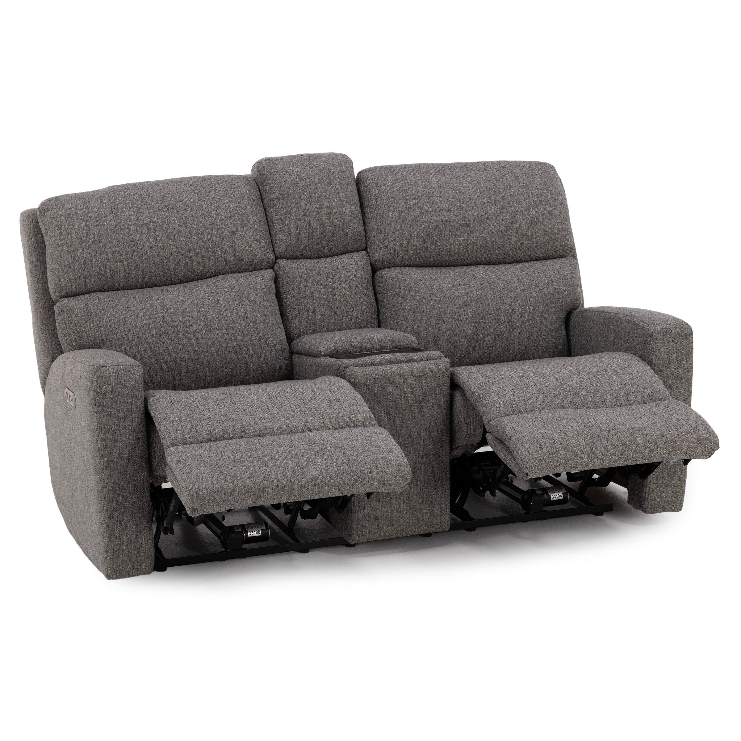 Gray fabric reclining loveseat with center console, footrests extended.