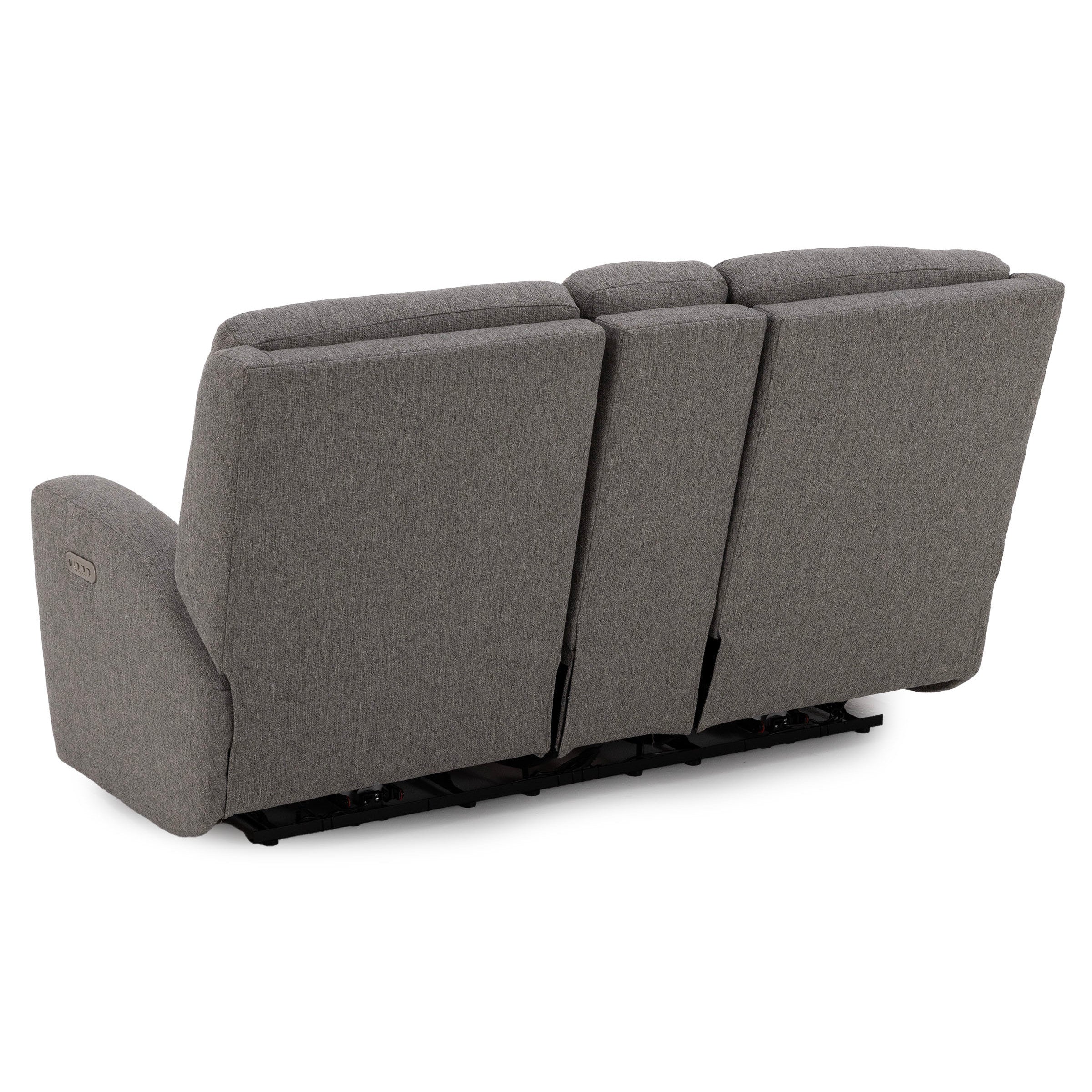 Back view of gray three-seat reclining sofa with fabric upholstery.
