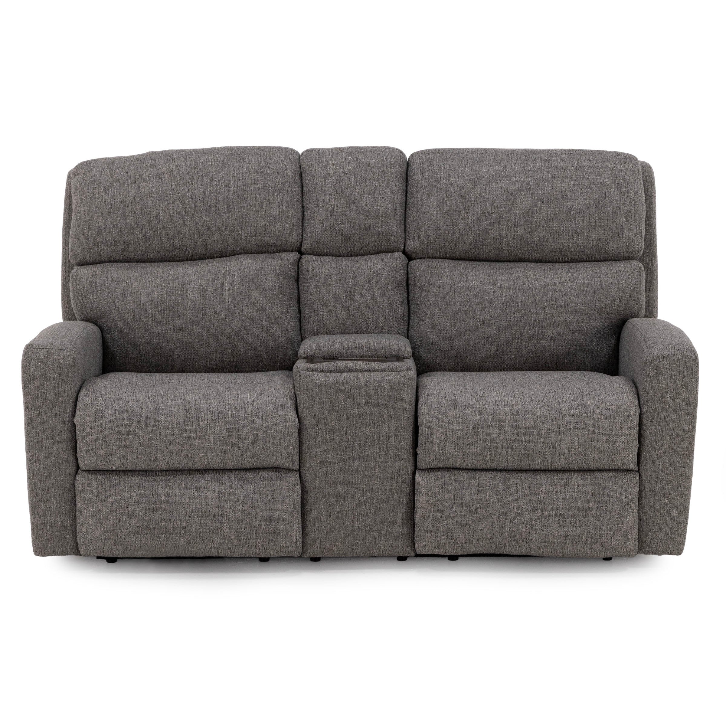 Gray fabric loveseat with two seats and center console.