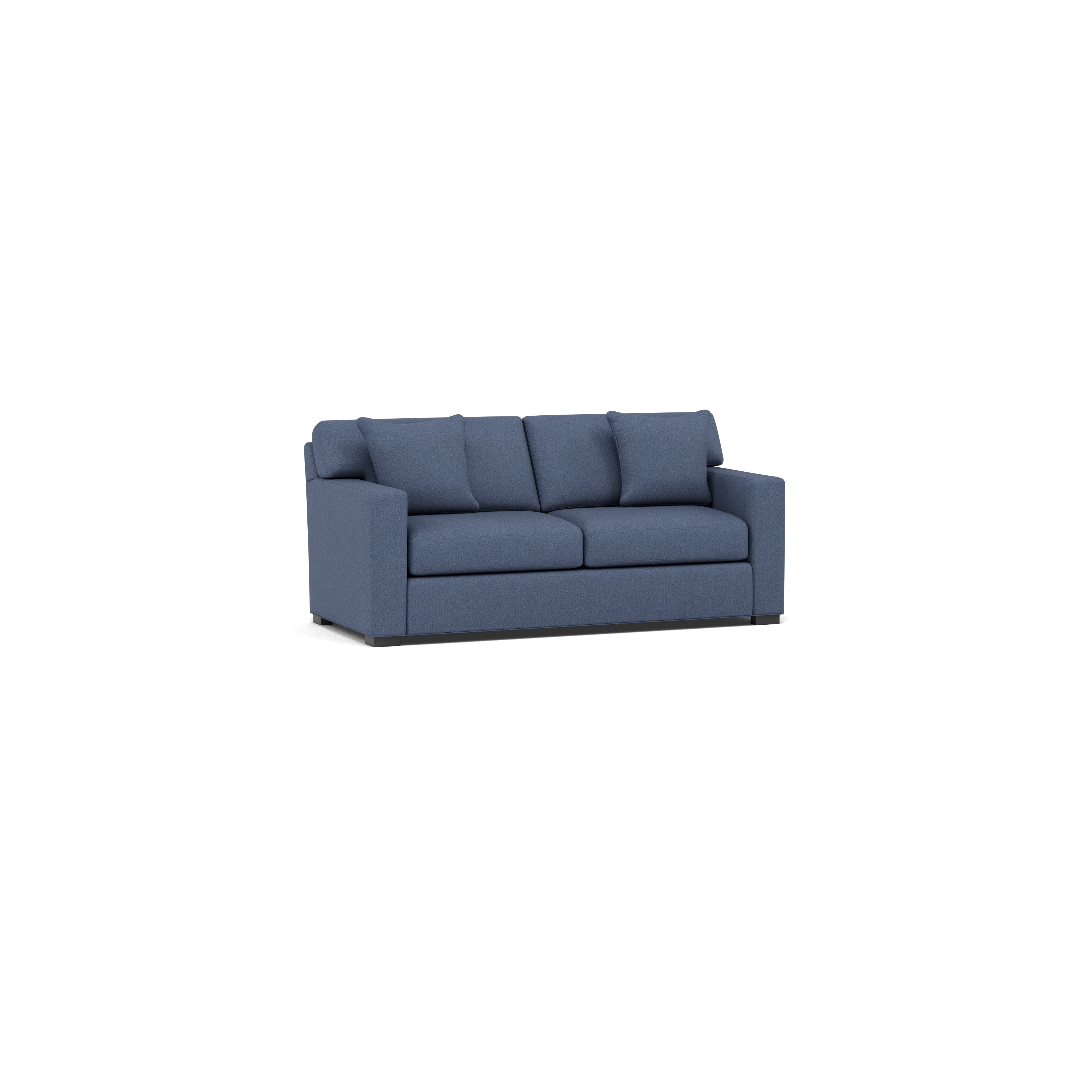 Blue upholstered sofa with square arms and four cushions, shown on a white background.