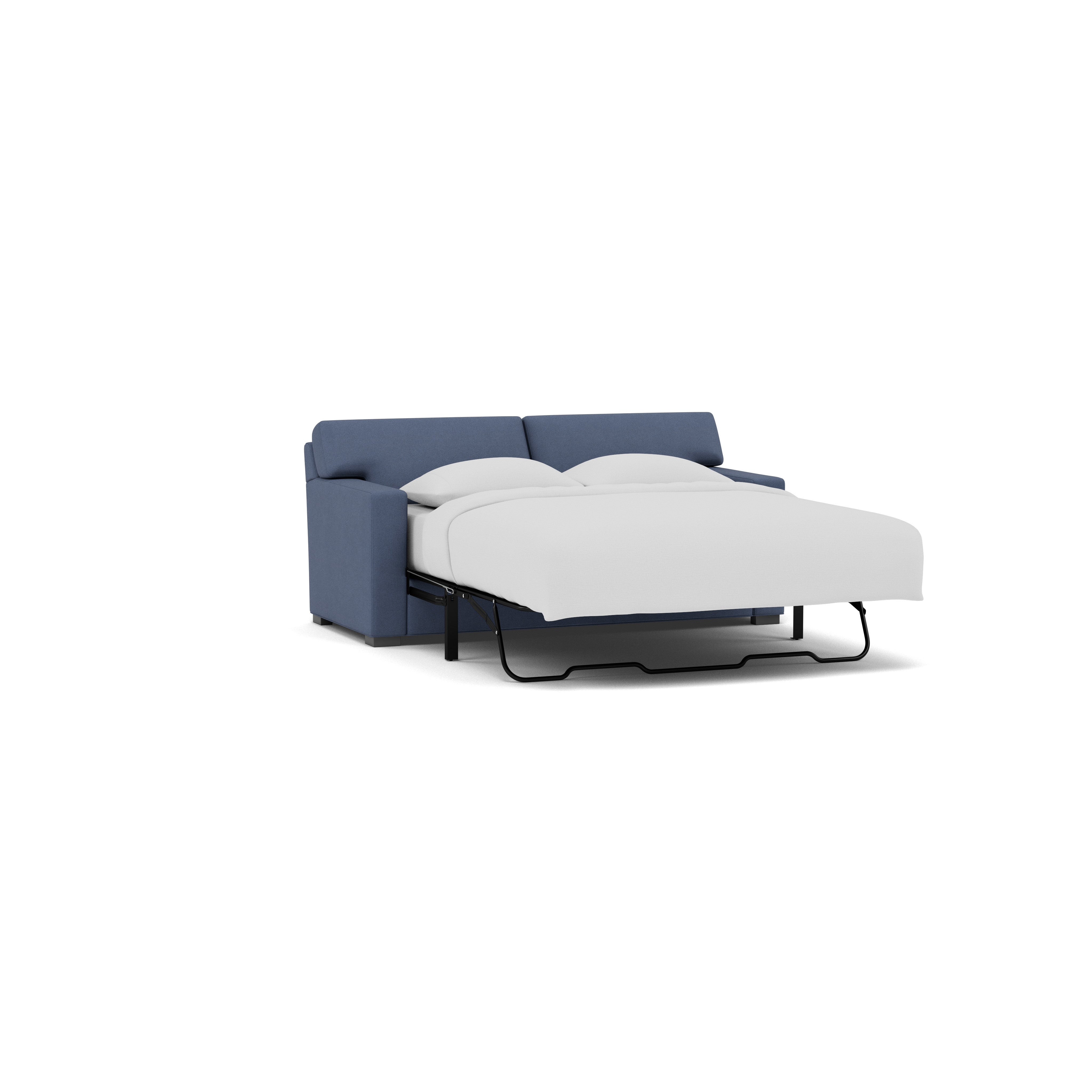Blue sofa bed with white bedding extended, shown against a white background.